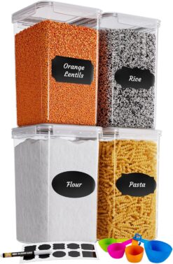 Chef's Path Extra Large Tall Food Storage Containers 7 qt/ 220oz/ 6.5L, For Flour, Sugar, Rice - Airtight Kitchen & Pantry Bulk Food Storage - 4 PC Set - Measuring Scoops, Pen & Labels