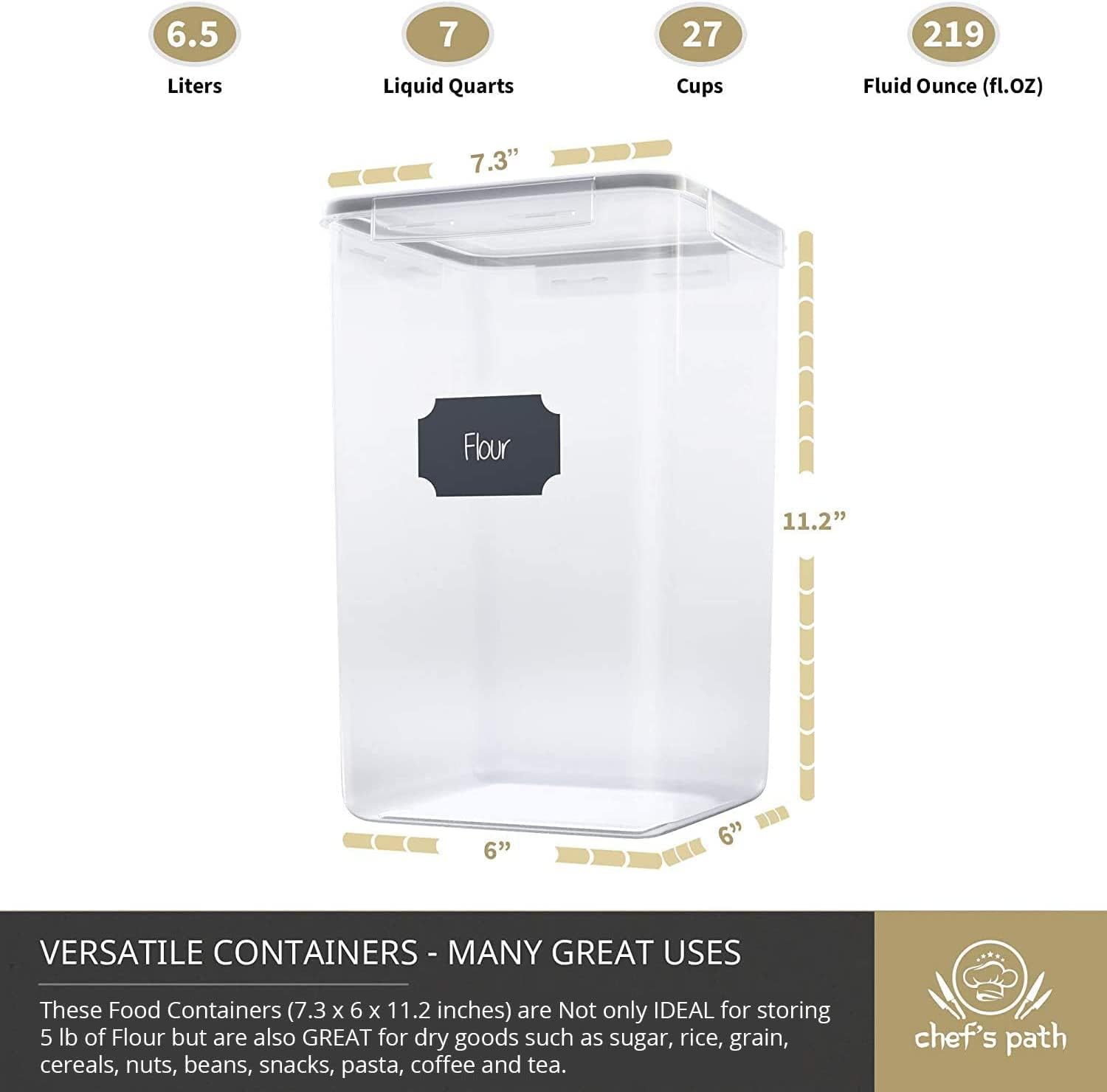 Chef's Path Extra Large Tall Food Storage Containers 7 qt 220oz 6.5L, For Flour, Sugar, Rice - Airtight Kitchen & Pantry Bulk Food Storage - 4 PC Set - Measuring Scoops, Pen & Labels2