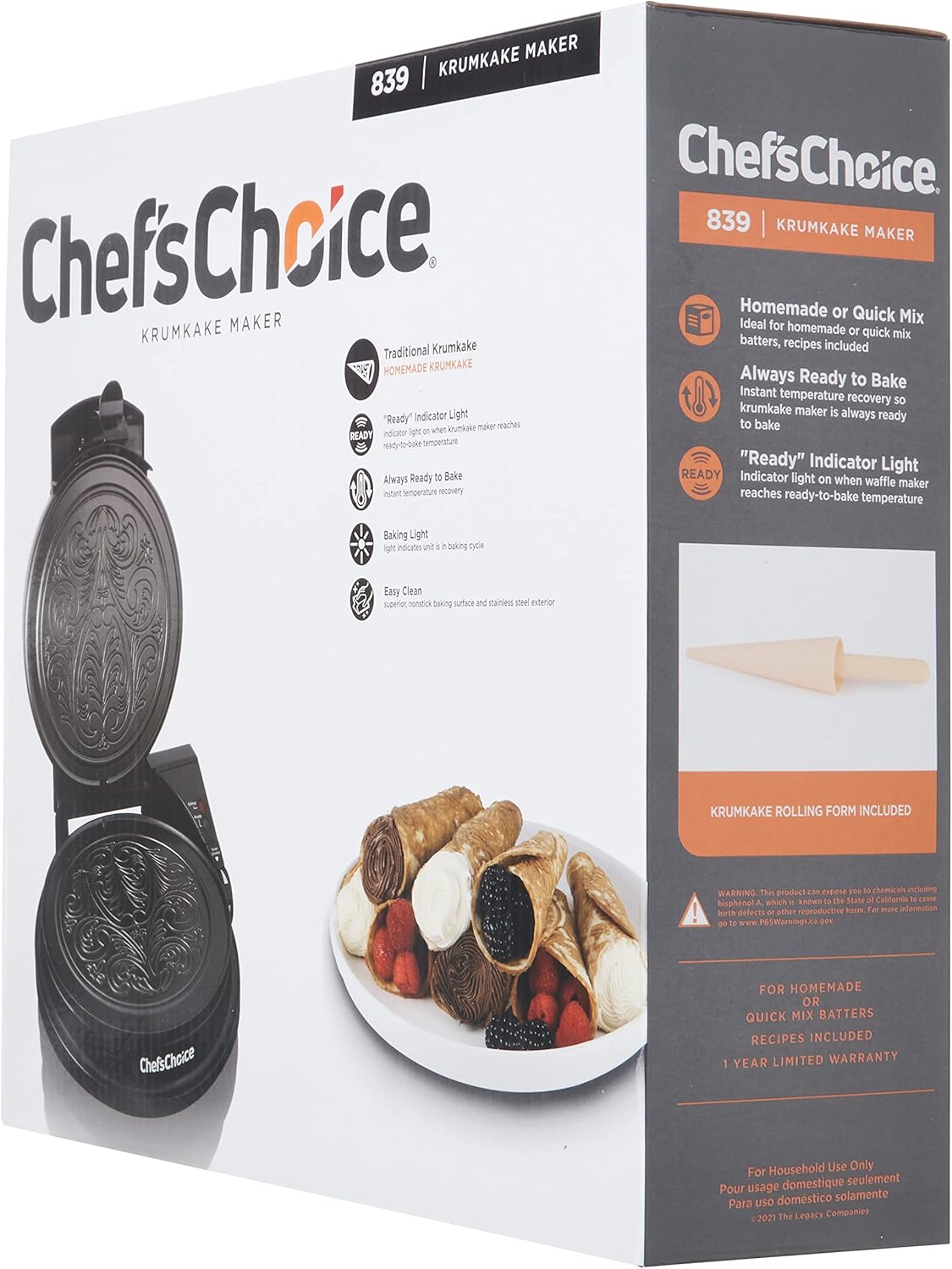 Chef'sChoice KrumKake Maker Features Nonstick Surface and Instant Heat Recovery with Temperature Control and Ready Light, Includes Roller, 1050-Watts, Silver--