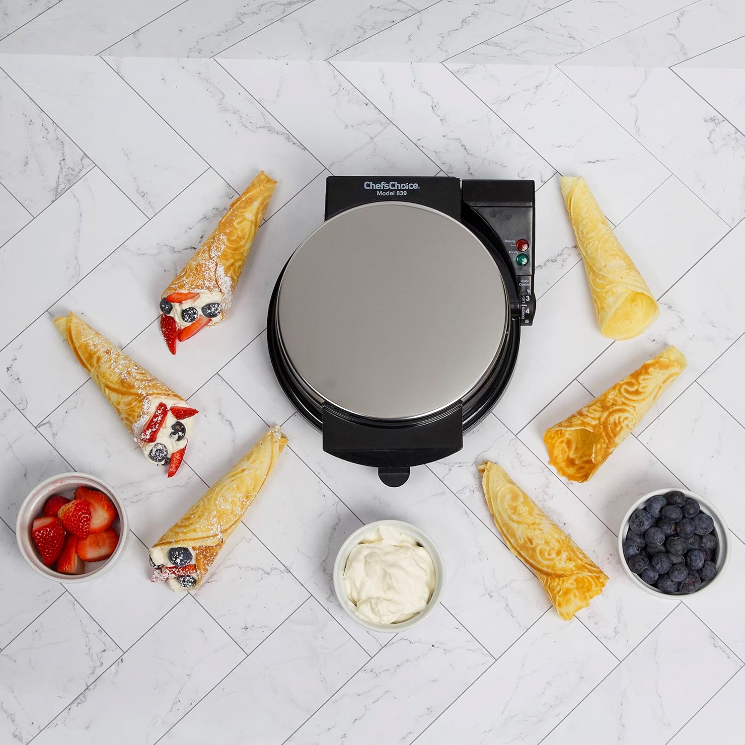Chef'sChoice KrumKake Maker Features Nonstick Surface and Instant Heat Recovery with Temperature Control and Ready Light, Includes Roller, 1050-Watts, Silver-0-