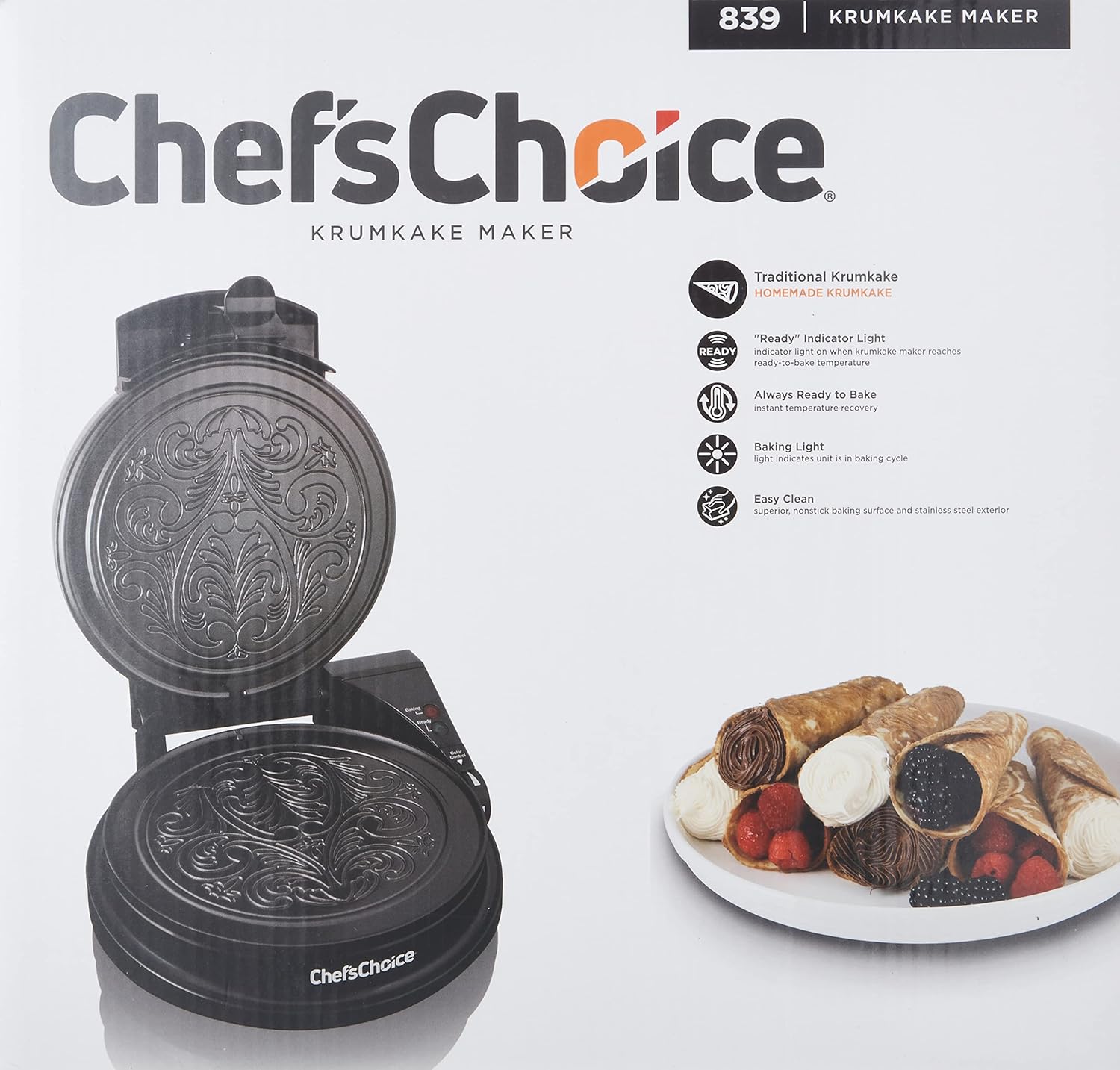 Chef'sChoice KrumKake Maker Features Nonstick Surface and Instant Heat Recovery with Temperature Control and Ready Light, Includes Roller, 1050-Watts, Silver1