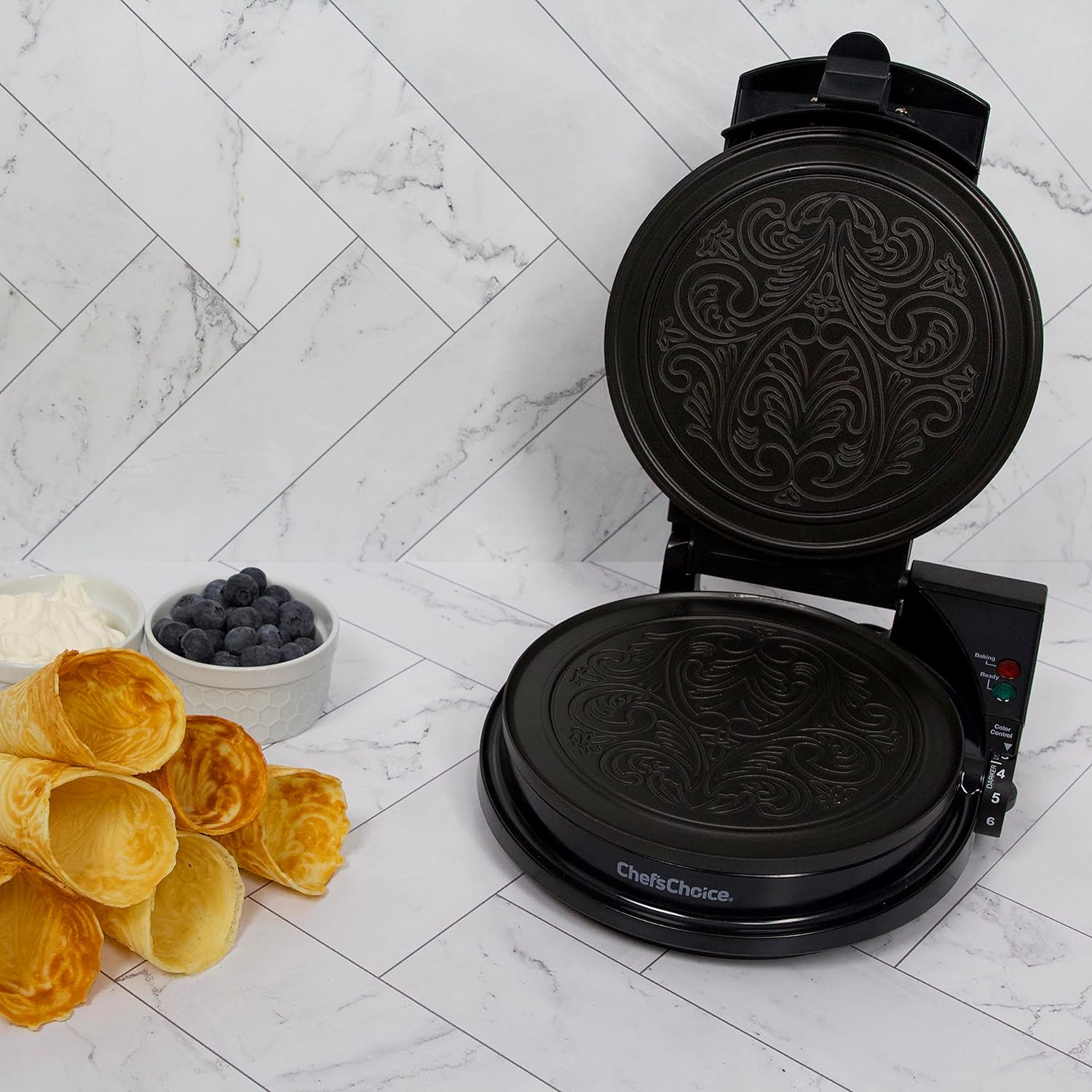 Chef'sChoice KrumKake Maker Features Nonstick Surface and Instant Heat Recovery with Temperature Control and Ready Light, Includes Roller, 1050-Watts, Silver2
