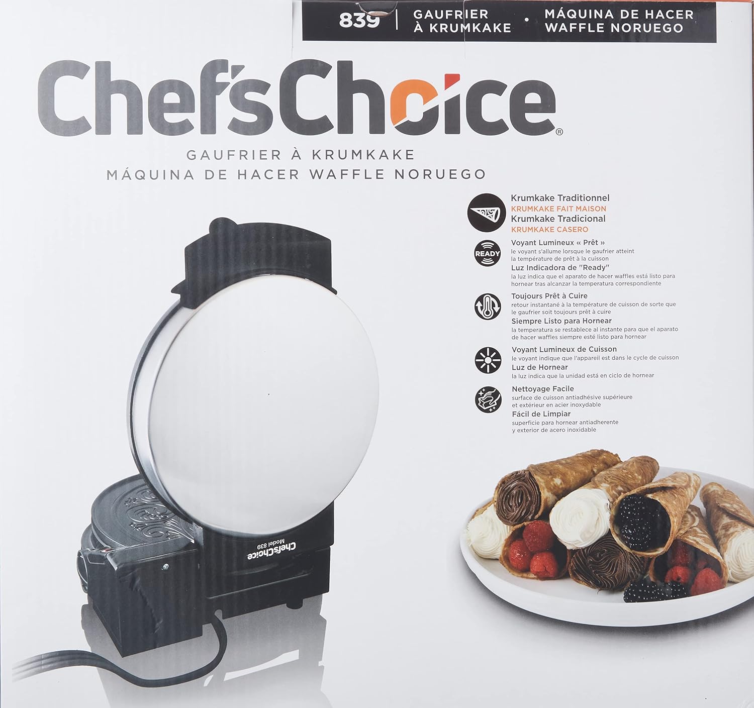 Chef'sChoice KrumKake Maker Features Nonstick Surface and Instant Heat Recovery with Temperature Control and Ready Light, Includes Roller, 1050-Watts, Silver3