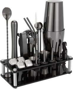 Cocktail Shaker Set, 23-Piece Boston Stainless Steel Bartender Kit with Acrylic Stand & Cocktail Recipes Booklet, Professional Bar Tools for Drink Mixing, Home, Bar, Party - Black