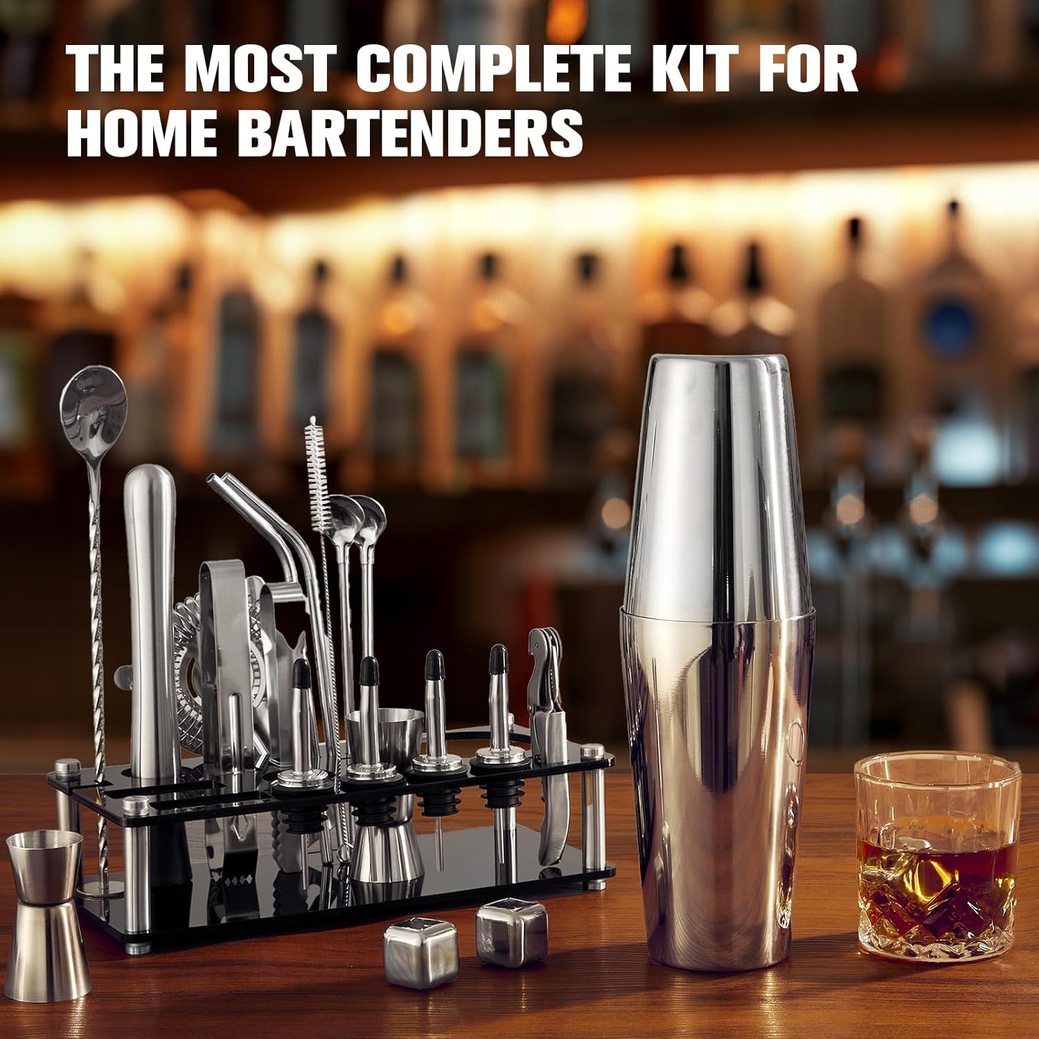 Cocktail Shaker Set, 23-Piece Boston Stainless Steel Bartender Kit with Acrylic Stand & Cocktail Recipes Booklet, Professional Bar Tools for Drink Mixing, Home, Bar, Party (Include 4 Whiskey Stones)1