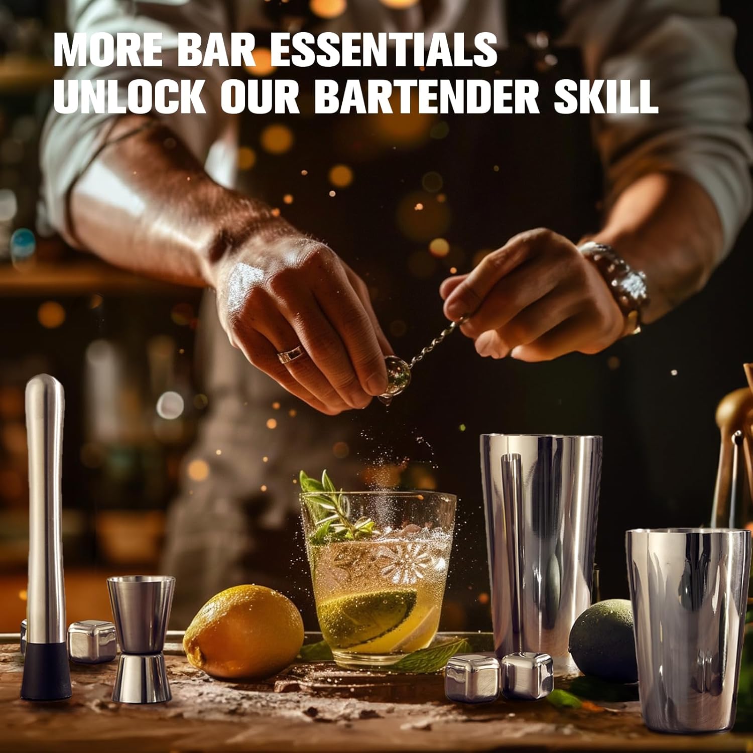 Cocktail Shaker Set, 23-Piece Boston Stainless Steel Bartender Kit with Acrylic Stand & Cocktail Recipes Booklet, Professional Bar Tools for Drink Mixing, Home, Bar, Party (Include 4 Whiskey Stones)2