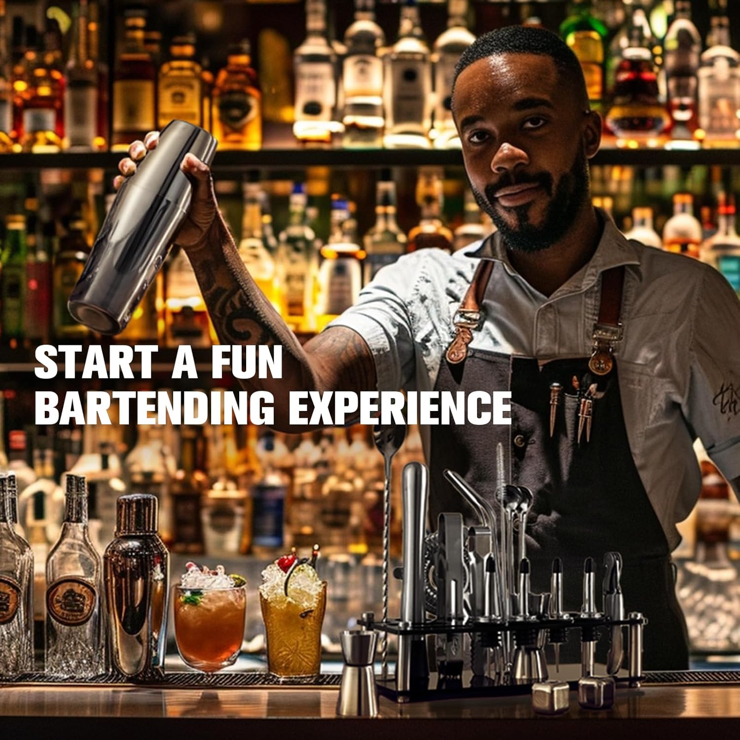 Cocktail Shaker Set, 23-Piece Boston Stainless Steel Bartender Kit with Acrylic Stand & Cocktail Recipes Booklet, Professional Bar Tools for Drink Mixing, Home, Bar, Party (Include 4 Whiskey Stones)4