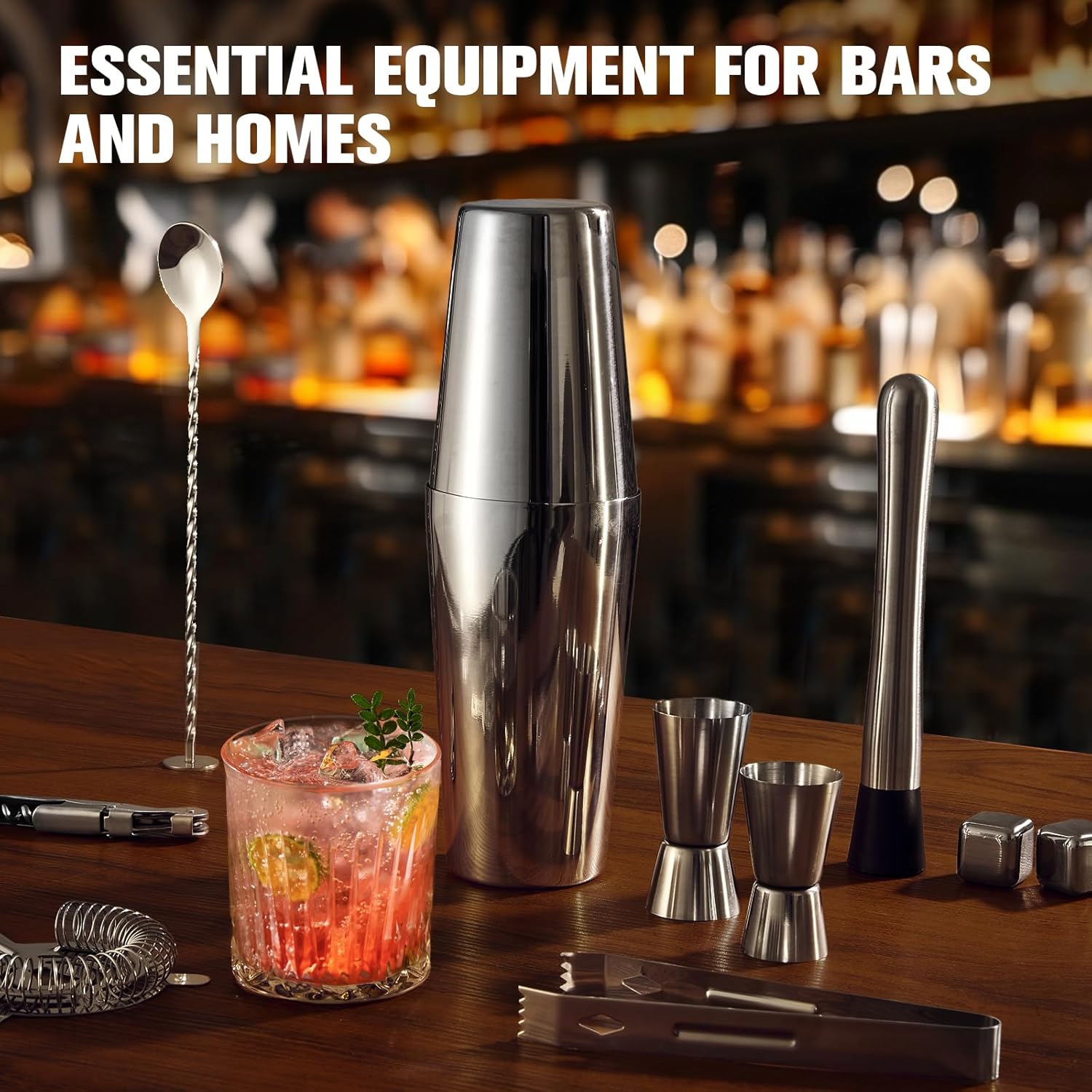 Cocktail Shaker Set, 23-Piece Boston Stainless Steel Bartender Kit with Acrylic Stand & Cocktail Recipes Booklet, Professional Bar Tools for Drink Mixing, Home, Bar, Party (Include 4 Whiskey Stones)45