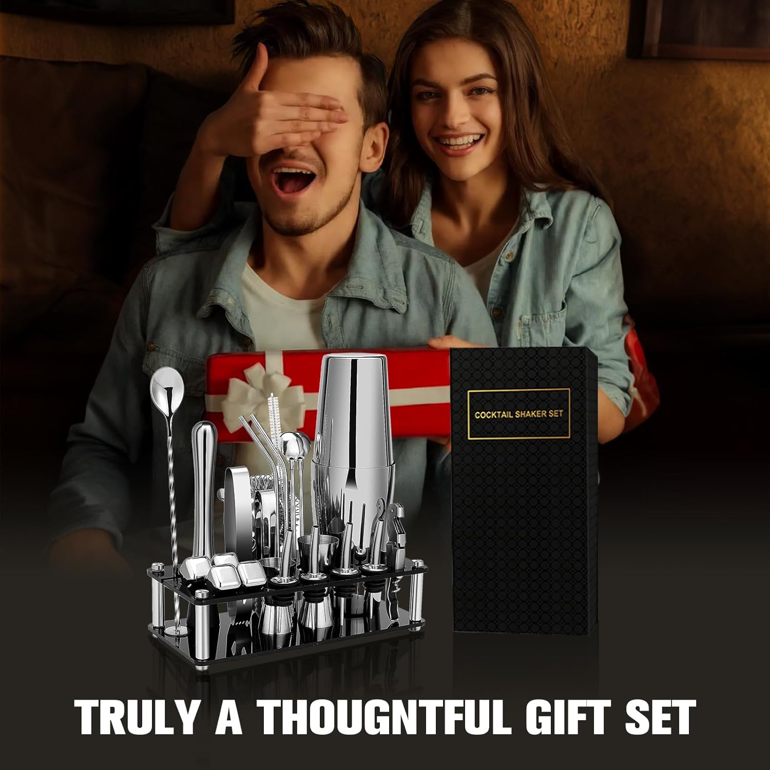 Cocktail Shaker Set, 23-Piece Boston Stainless Steel Bartender Kit with Acrylic Stand & Cocktail Recipes Booklet, Professional Bar Tools for Drink Mixing, Home, Bar, Party (Include 4 Whiskey Stones)9