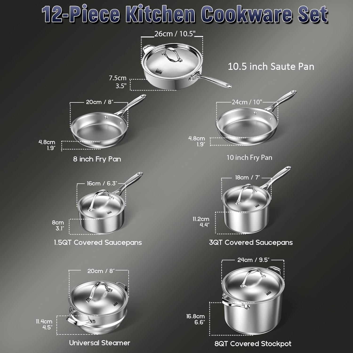 Cooks Standard Stainless Steel Kitchen Cookware Sets 12-Piece, Multi-Ply Full Clad Pots and Pans Cooking Set with Stay-Cool Handles, Dishwasher Safe, Oven Safe 500°F1