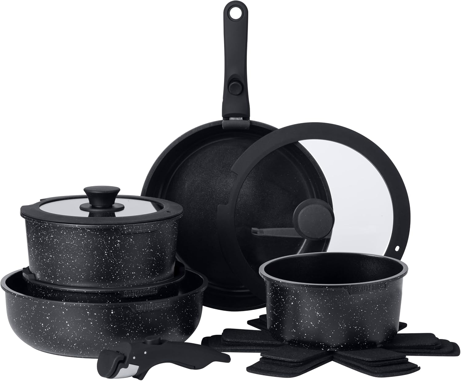 Country Kitchen Cookware Set with Removable Handle, Oven & RV Safe Pots and Pans Set, Black, Original Country Kitchen Cookware Set with Removable Handle, Oven & RV Safe Pots and Pans Set, Black, Original