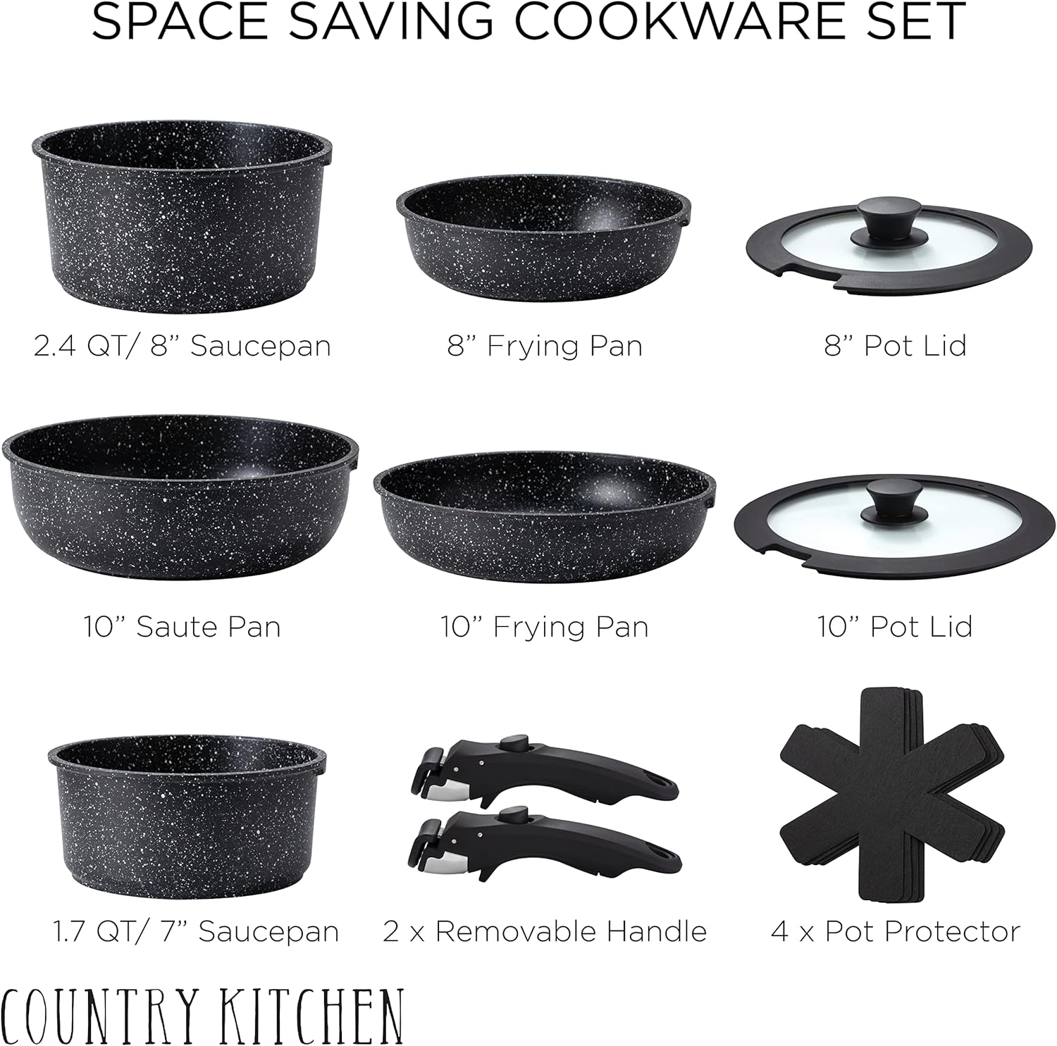 Country Kitchen Cookware Set with Removable Handle, Oven & RV Safe Pots and Pans Set, Black, Original1