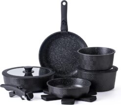 Country Kitchen Cookware Set with Removable Handle, Oven & RV Safe Pots and Pans Set, Black Rhombus, Original