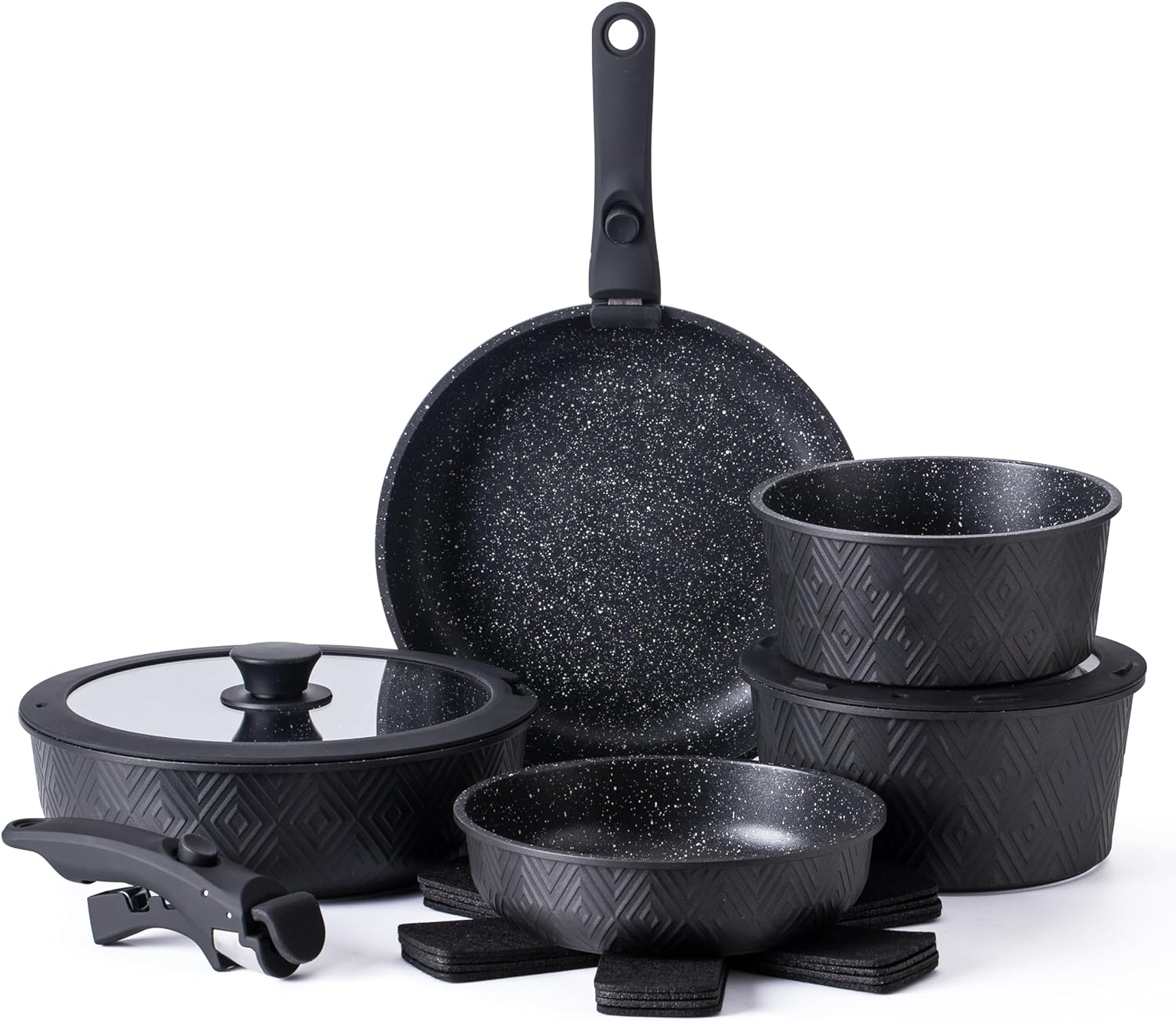 Country Kitchen Cookware Set with Removable Handle, Oven & RV Safe Pots and Pans Set, Black Rhombus, Original Country Kitchen Cookware Set with Removable Handle, Oven & RV Safe Pots and Pans Set, Black Rhombus, Original