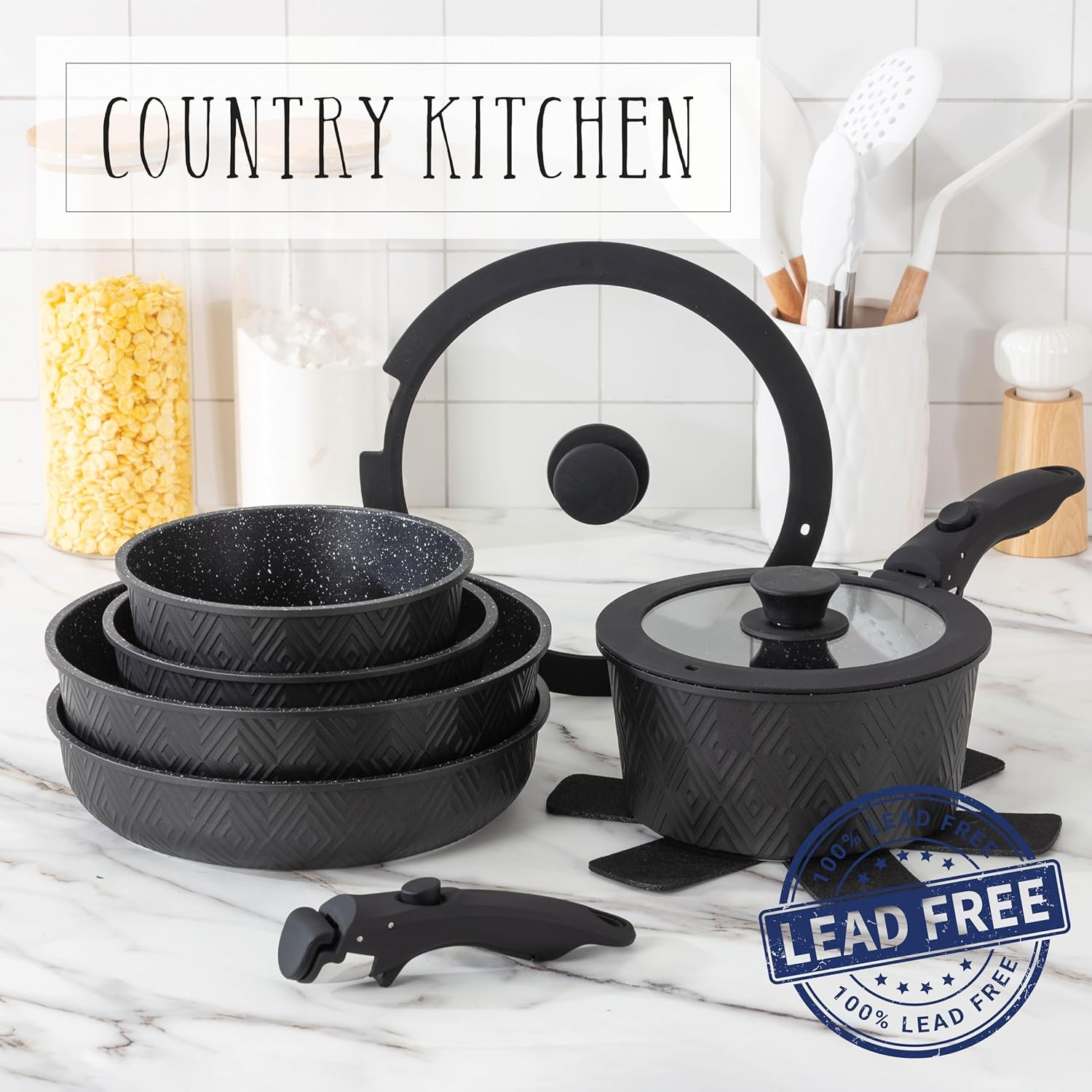 Country Kitchen Cookware Set with Removable Handle, Oven & RV Safe Pots and Pans Set, Black Rhombus, Original1