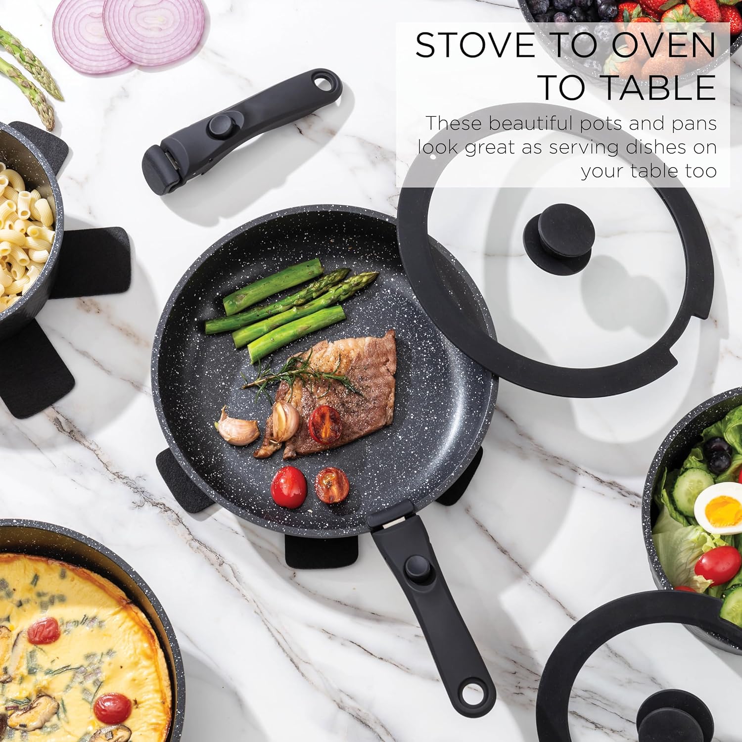 Country Kitchen Cookware Set with Removable Handle, Oven & RV Safe Pots and Pans Set, Black Rhombus, Original4