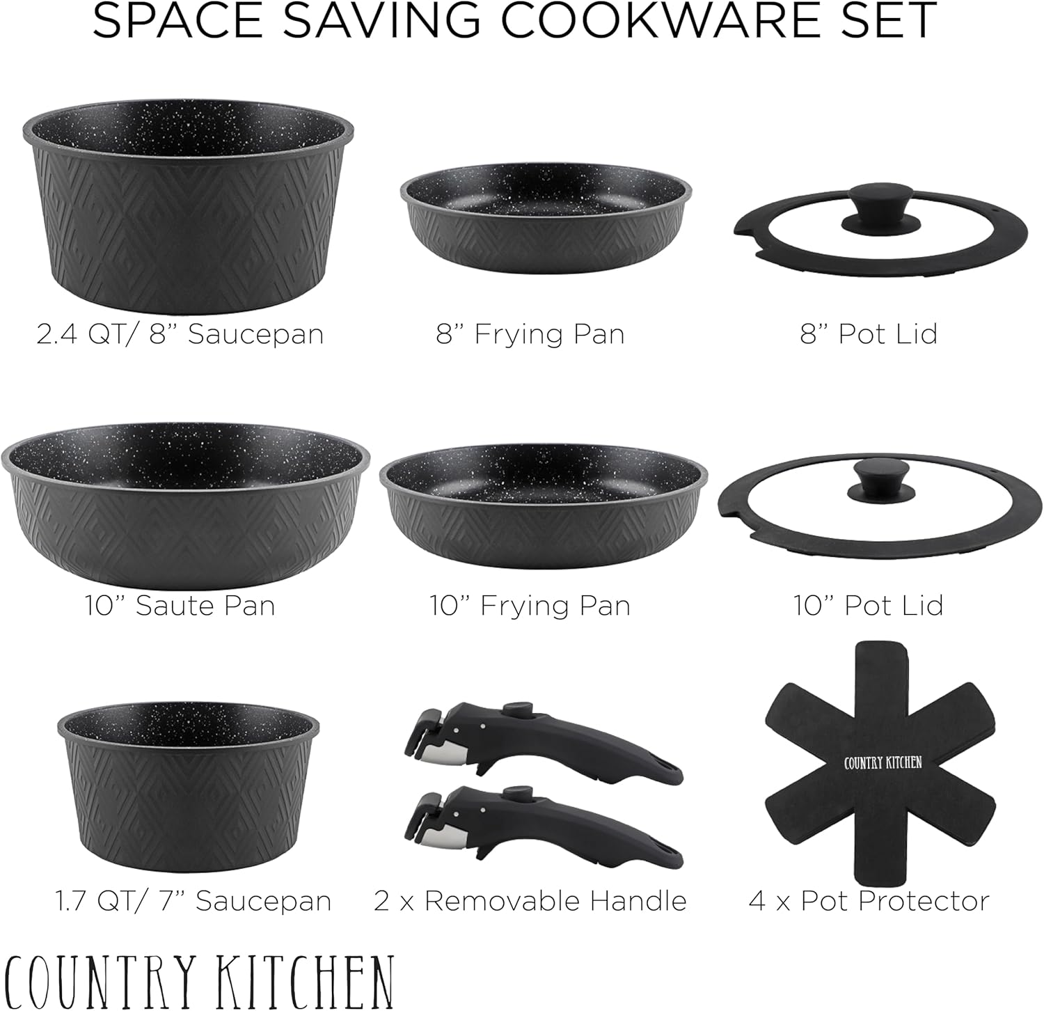 Country Kitchen Cookware Set with Removable Handle, Oven & RV Safe Pots and Pans Set, Black Rhombus, Original5