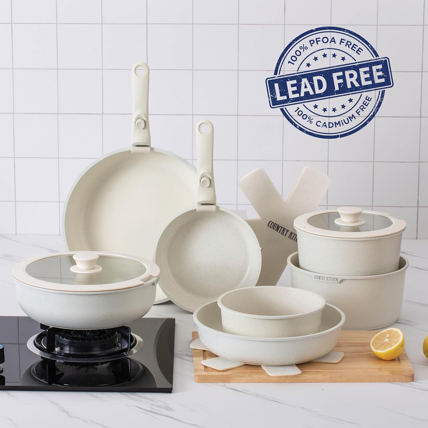 Country Kitchen Cookware Set with Removable Handle, Oven & RV Safe Pots and Pans Set, Cream, Deluxe Larger Set--