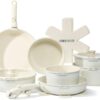 Country Kitchen Cookware Set with Removable Handle, Oven & RV Safe Pots and Pans Set, Cream, Deluxe Larger Set