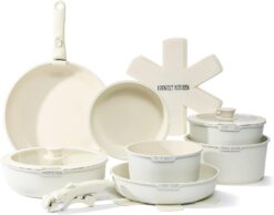 Country Kitchen Cookware Set with Removable Handle, Oven & RV Safe Pots and Pans Set, Cream, Deluxe Larger Set