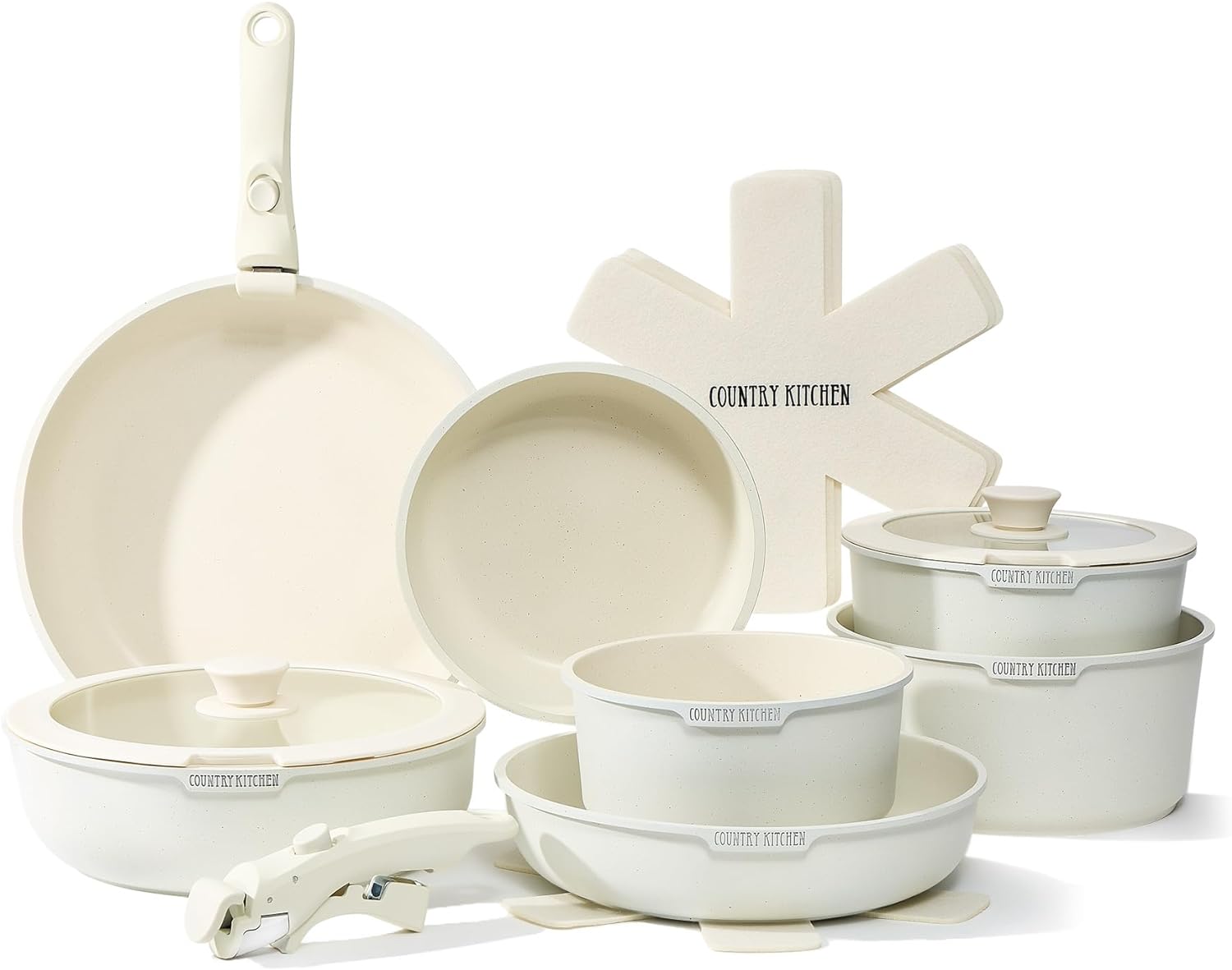 Country Kitchen Cookware Set with Removable Handle, Oven & RV Safe Pots and Pans Set, Cream, Deluxe Larger Set Country Kitchen Cookware Set with Removable Handle, Oven & RV Safe Pots and Pans Set, Cream, Deluxe Larger Set