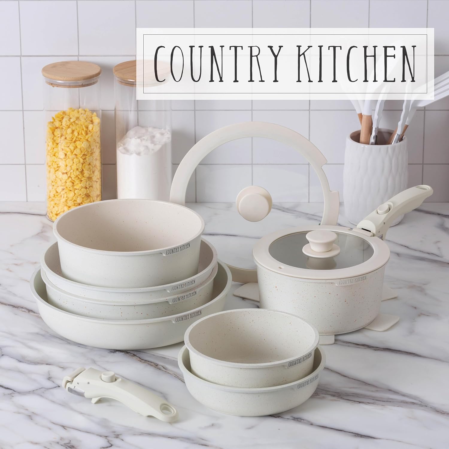 Country Kitchen Cookware Set with Removable Handle, Oven & RV Safe Pots and Pans Set, Cream, Deluxe Larger Set2