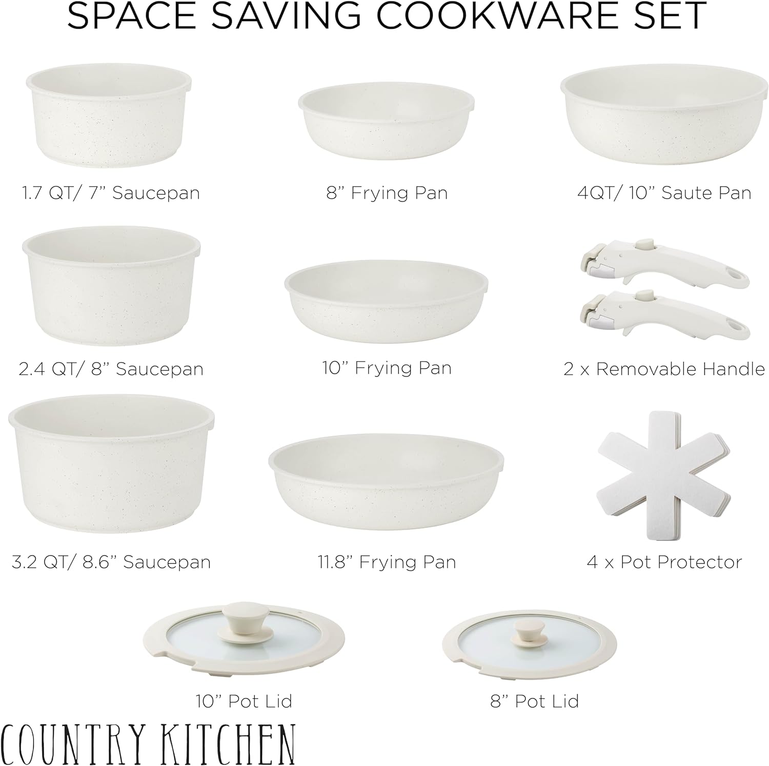 Country Kitchen Cookware Set with Removable Handle, Oven & RV Safe Pots and Pans Set, Cream, Deluxe Larger Set3