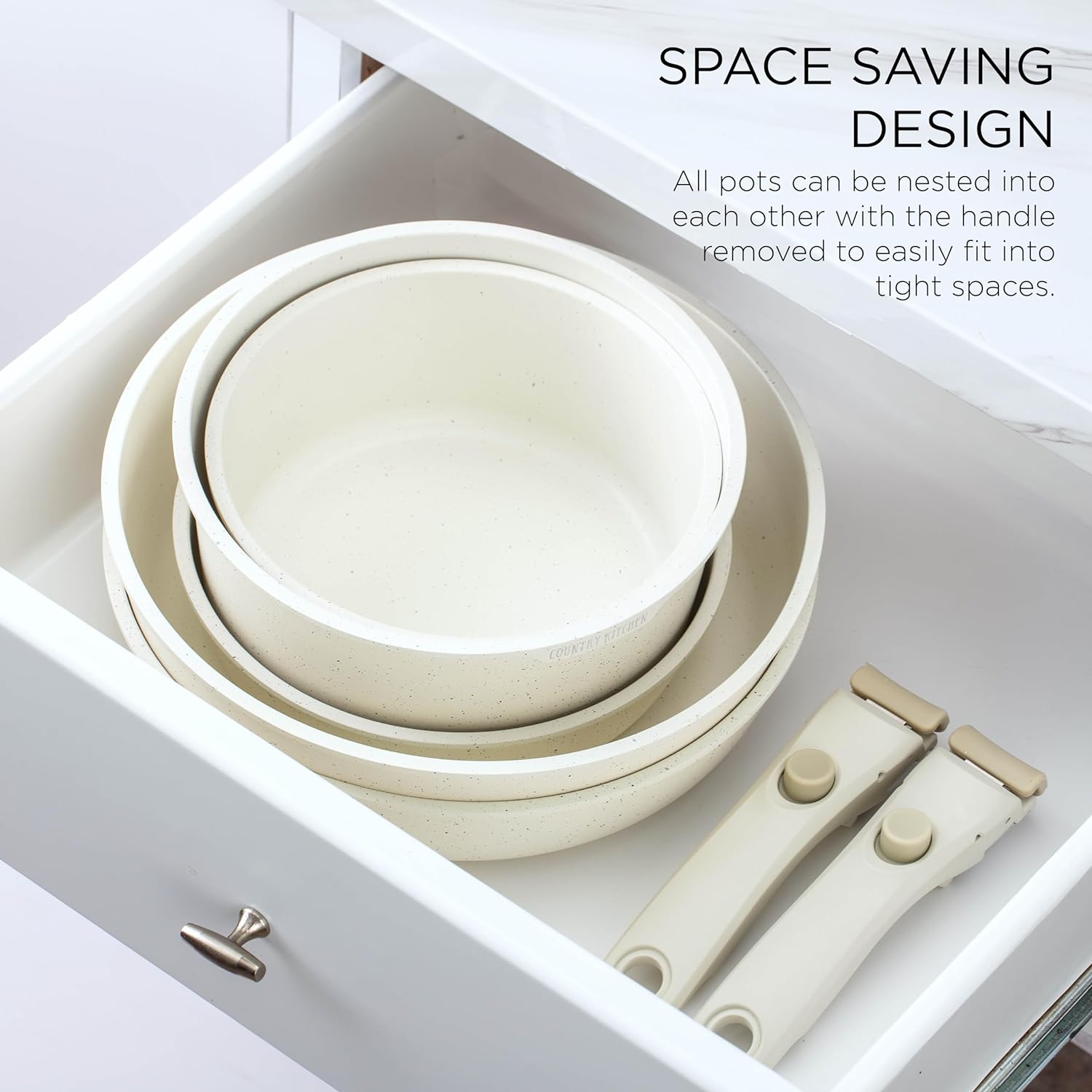 Country Kitchen Cookware Set with Removable Handle, Oven & RV Safe Pots and Pans Set, Cream, Deluxe Larger Set5