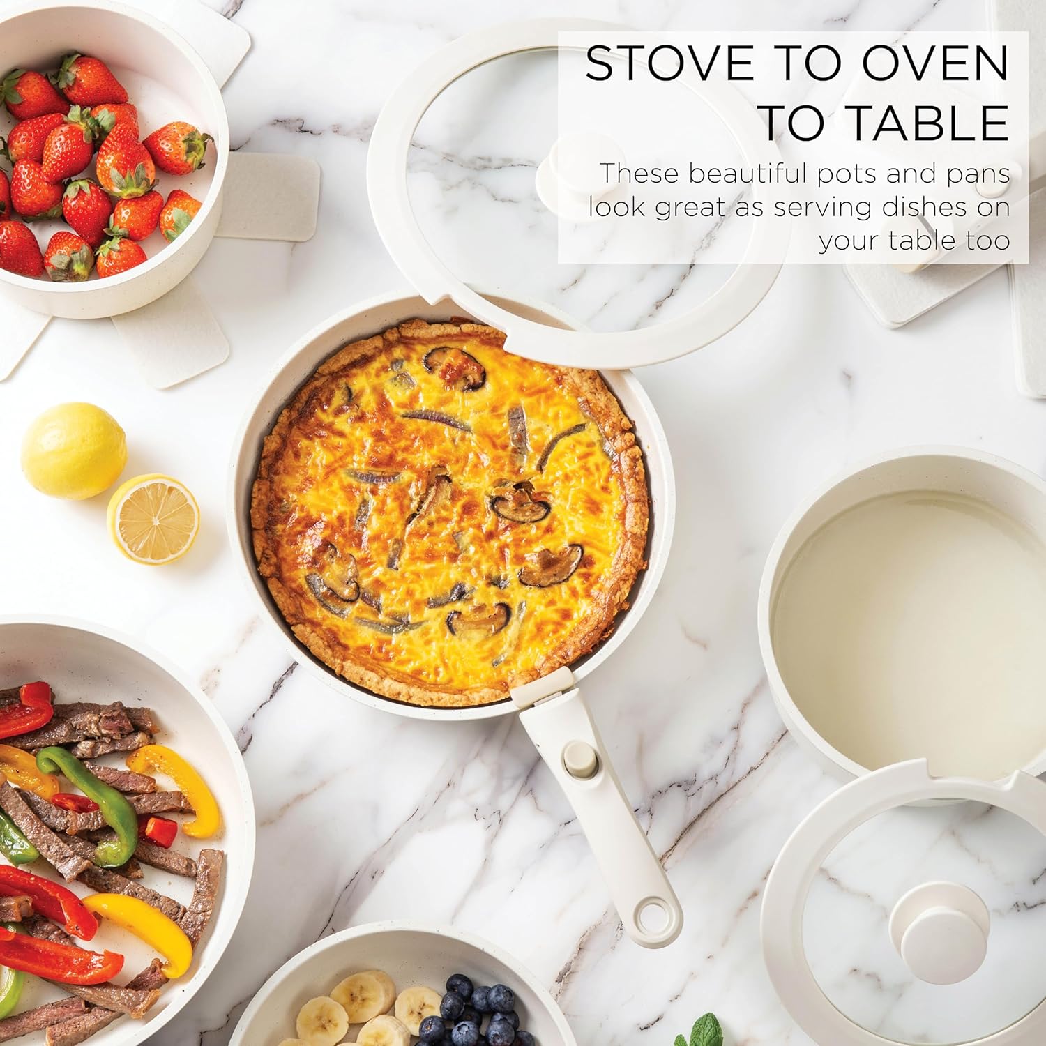 Country Kitchen Cookware Set with Removable Handle, Oven & RV Safe Pots and Pans Set, Cream, Deluxe Larger Set8