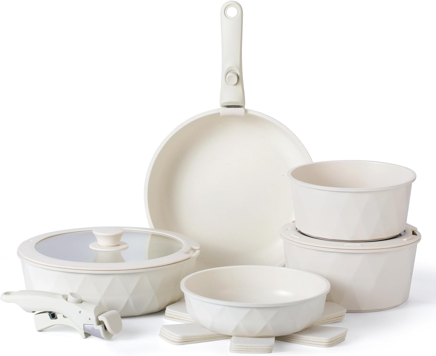 Country Kitchen Cookware Set with Removable Handle, Oven & RV Safe Pots and Pans Set, Cream Diamond, Original Country Kitchen Cookware Set with Removable Handle, Oven & RV Safe Pots and Pans Set, Cream Diamond, Original