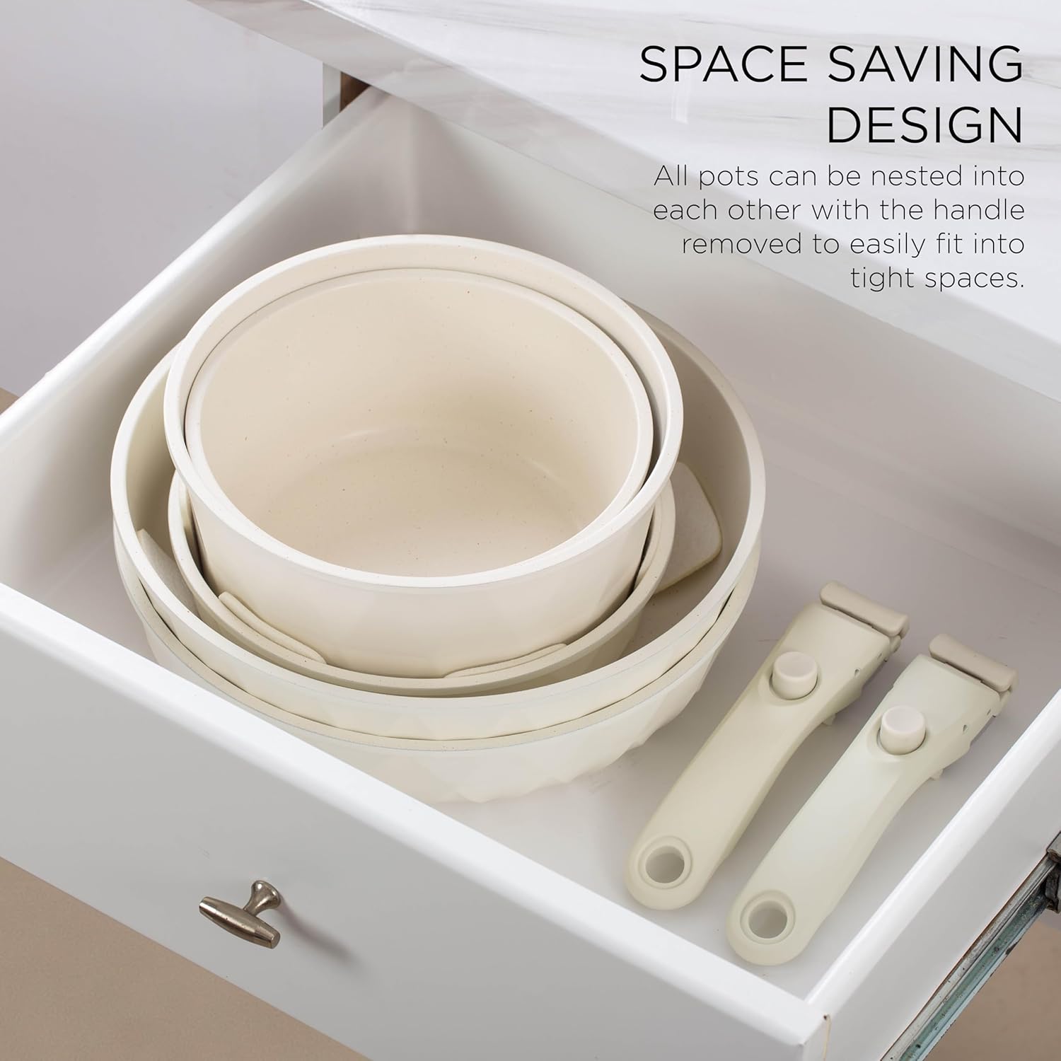 Country Kitchen Cookware Set with Removable Handle, Oven & RV Safe Pots and Pans Set, Cream Diamond, Original1