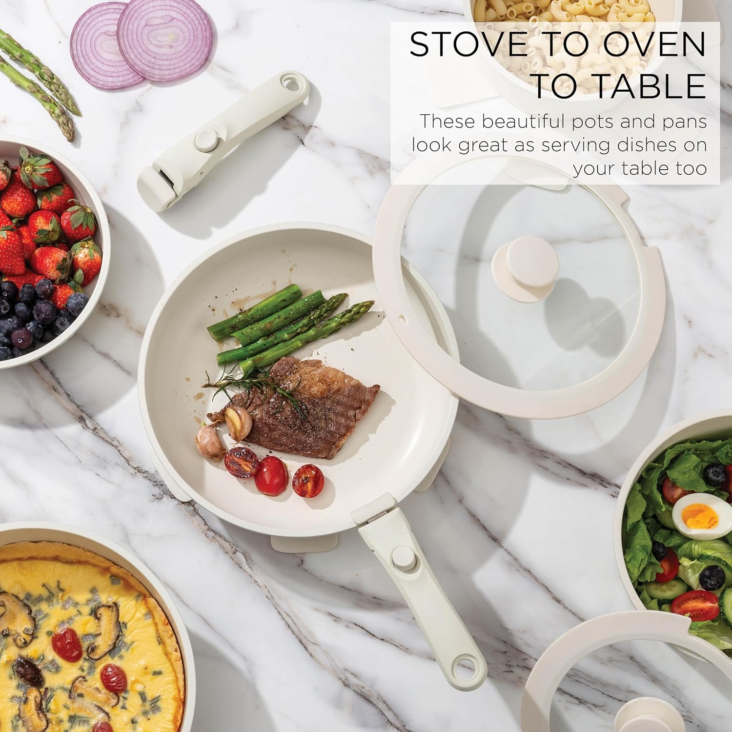 Country Kitchen Cookware Set with Removable Handle, Oven & RV Safe Pots and Pans Set, Cream Diamond, Original3