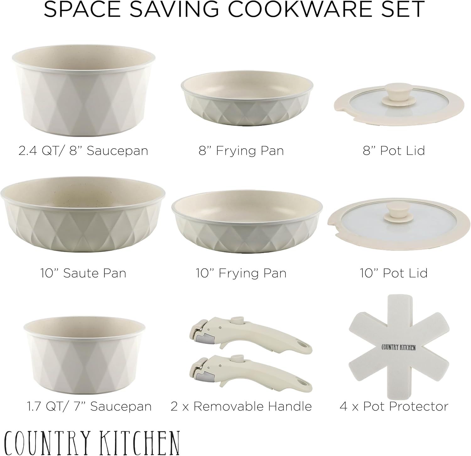 Country Kitchen Cookware Set with Removable Handle, Oven & RV Safe Pots and Pans Set, Cream Diamond, Original5