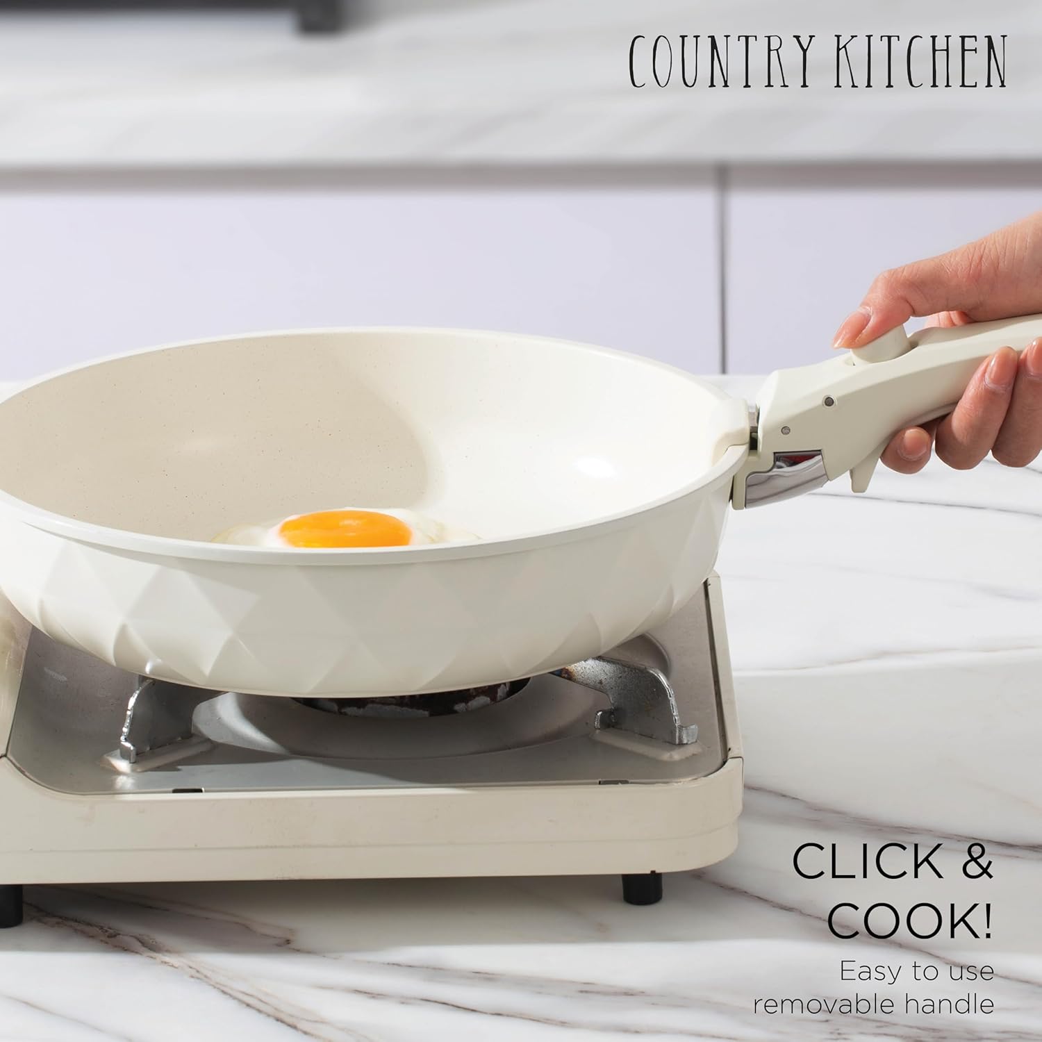 Country Kitchen Cookware Set with Removable Handle, Oven & RV Safe Pots and Pans Set, Cream Diamond, Original8