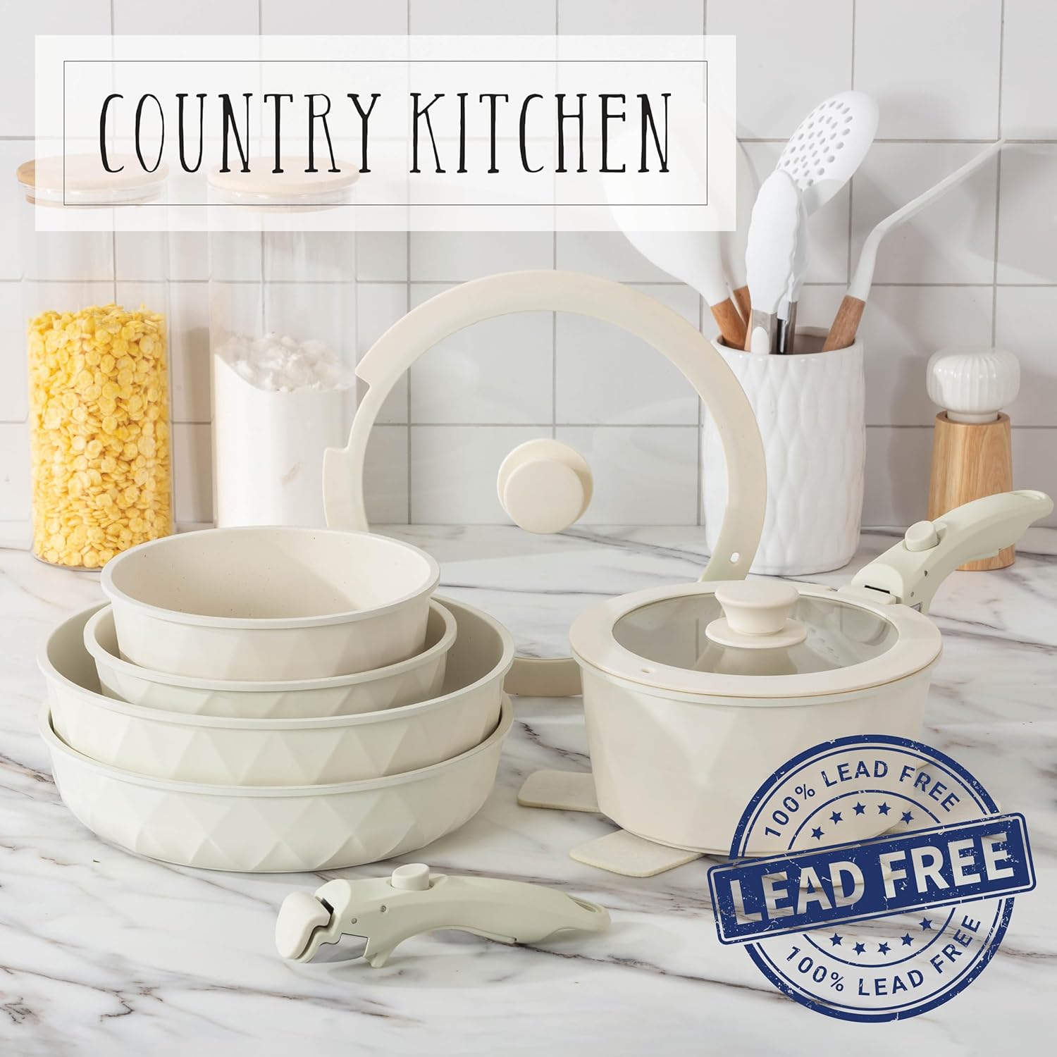 Country Kitchen Cookware Set with Removable Handle, Oven & RV Safe Pots and Pans Set, Cream Diamond, Original9