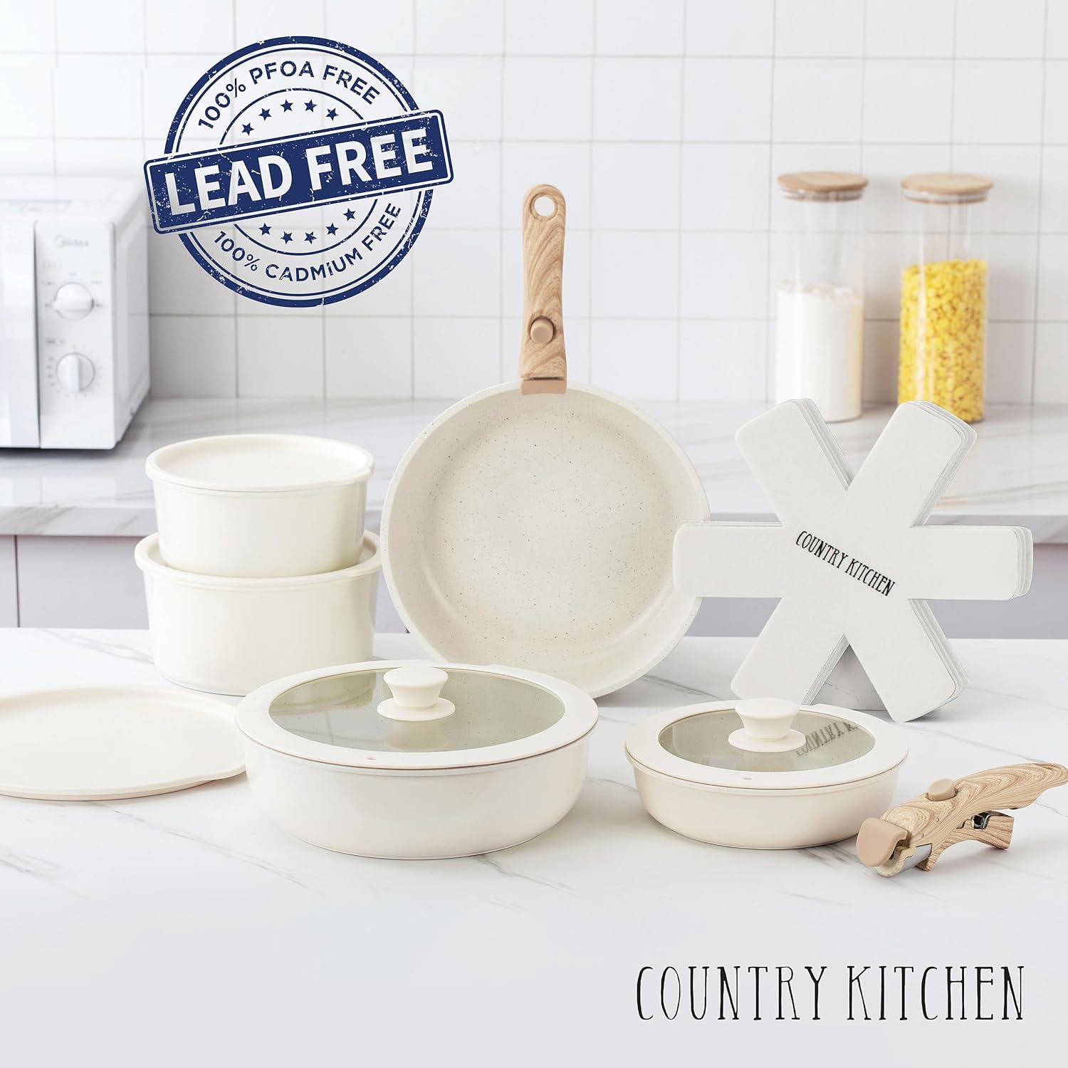 Country Kitchen Cookware Set with Removable Handle, Oven & RV Safe Pots and Pans Set, Cream Gold Speckle Wood Handle, Original-