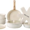 Country Kitchen Cookware Set with Removable Handle, Oven & RV Safe Pots and Pans Set, Cream Gold Speckle Wood Handle, Original