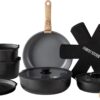 Country Kitchen Cookware Set with Removable Handle, Oven & RV Safe Pots and Pans Set, Cream Gold Speckle Wood Handle, Original, Black/Grey Wood Handle