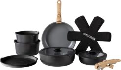 Country Kitchen Cookware Set with Removable Handle, Oven & RV Safe Pots and Pans Set, Cream Gold Speckle Wood Handle, Original, Black/Grey Wood Handle