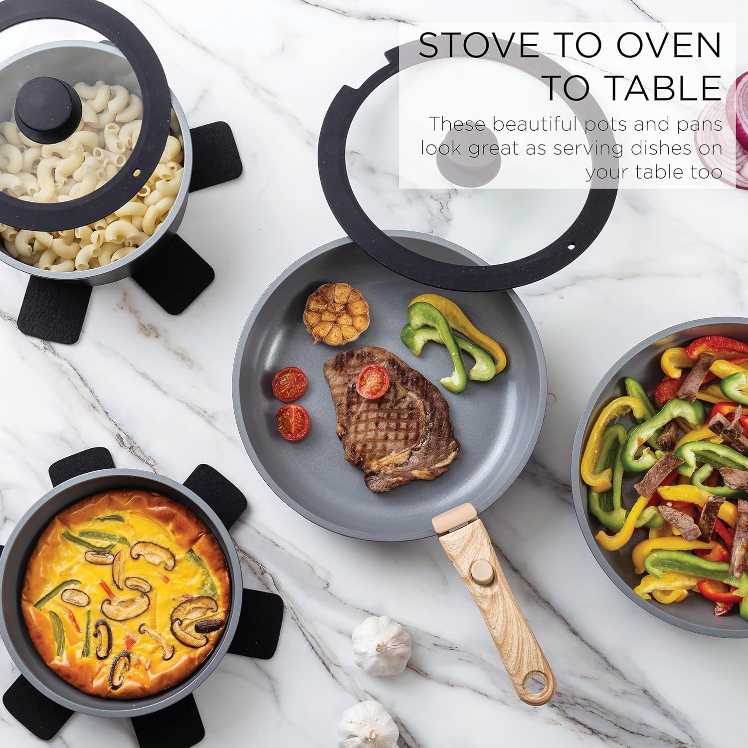 Country Kitchen Cookware Set with Removable Handle, Oven & RV Safe Pots and Pans Set, Cream Gold Speckle Wood Handle, Original, Black Grey Wood Handle9