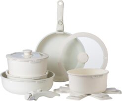 Country Kitchen Cookware Set with Removable Handle, Oven & RV Safe Pots and Pans Set, Cream, Original