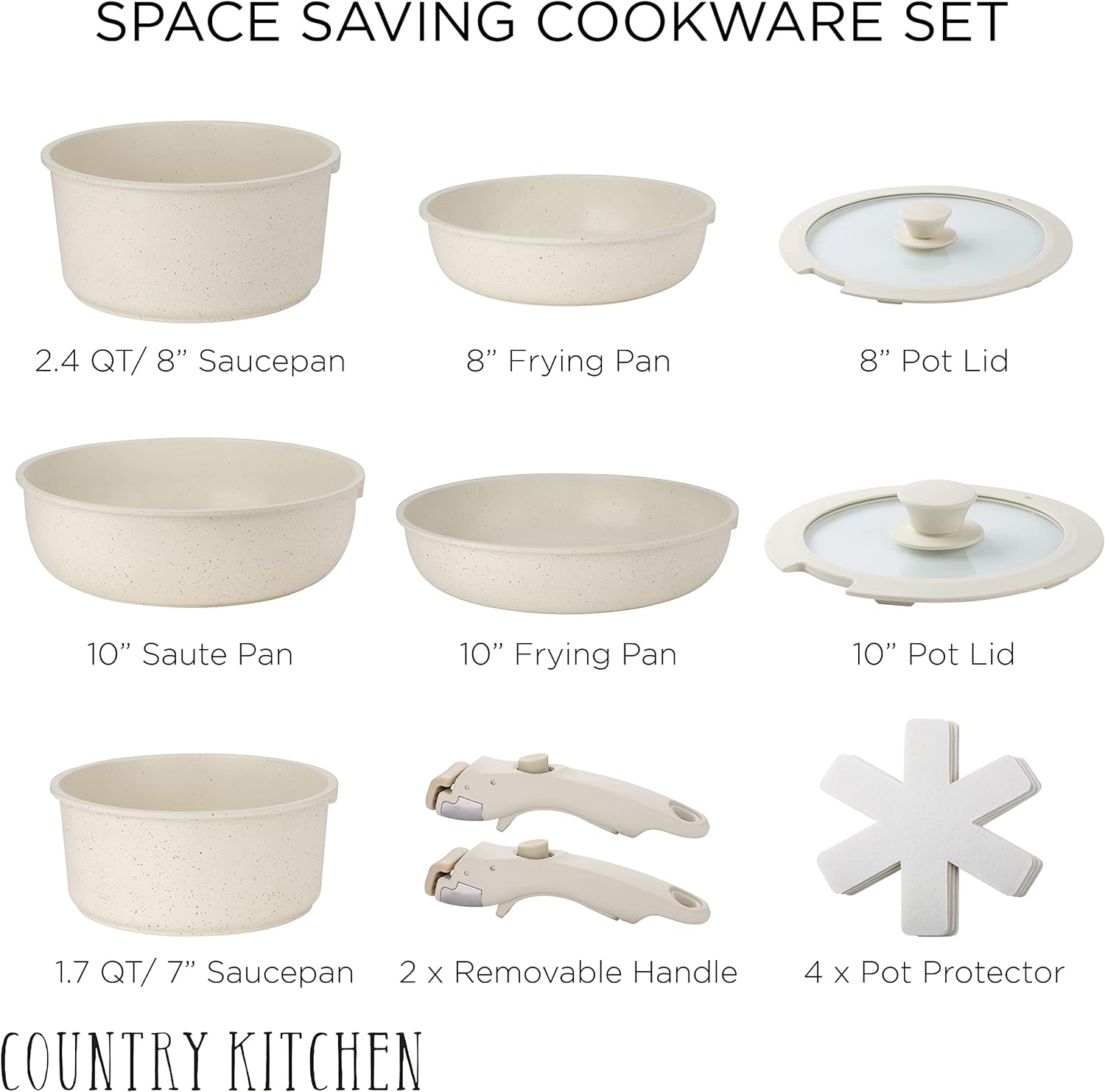 Country Kitchen Cookware Set with Removable Handle, Oven & RV Safe Pots and Pans Set, Cream, Original1