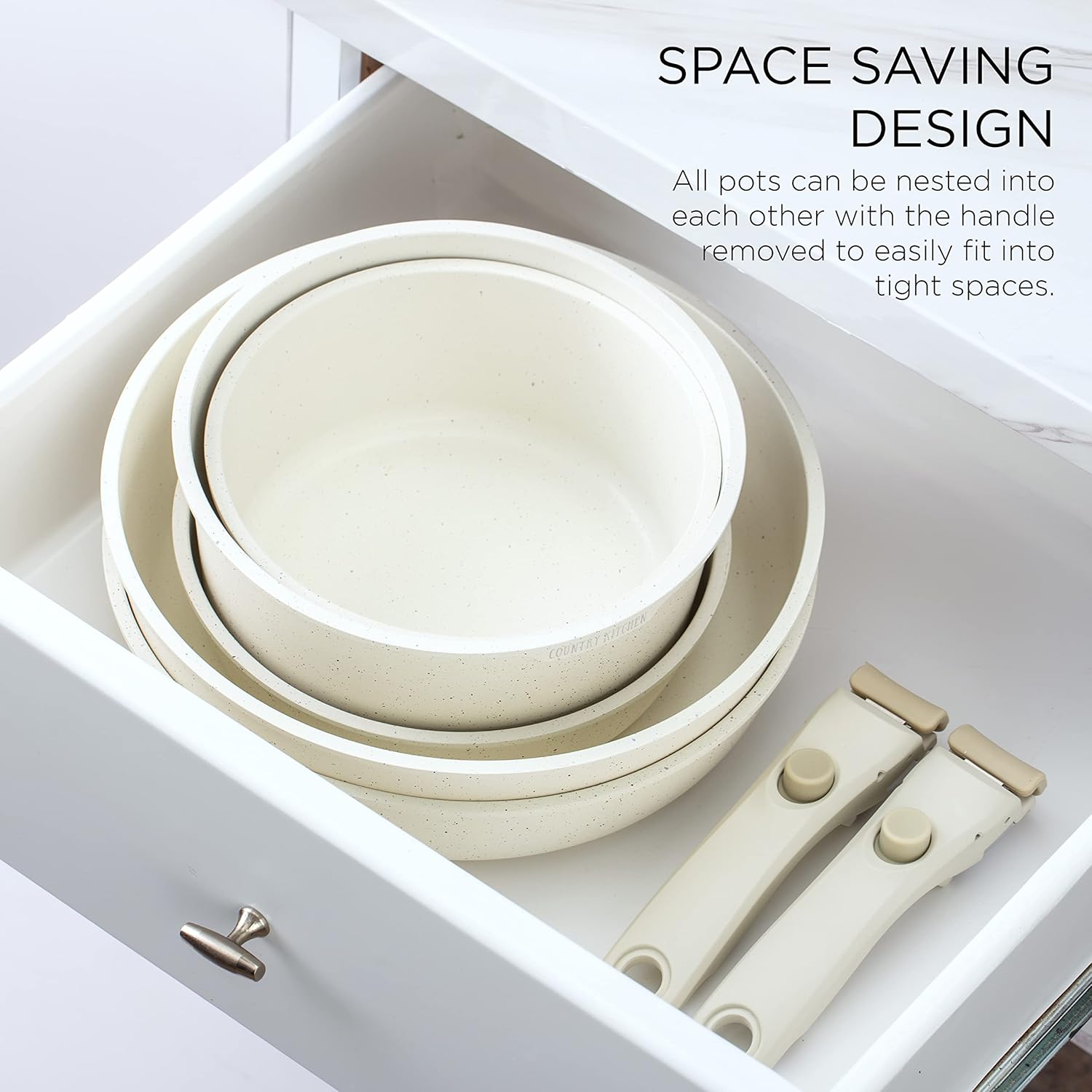 Country Kitchen Cookware Set with Removable Handle, Oven & RV Safe Pots and Pans Set, Cream, Original2