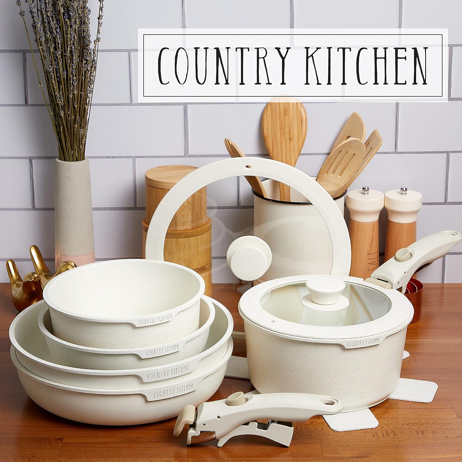 Country Kitchen Cookware Set with Removable Handle, Oven & RV Safe Pots and Pans Set, Cream, Original3