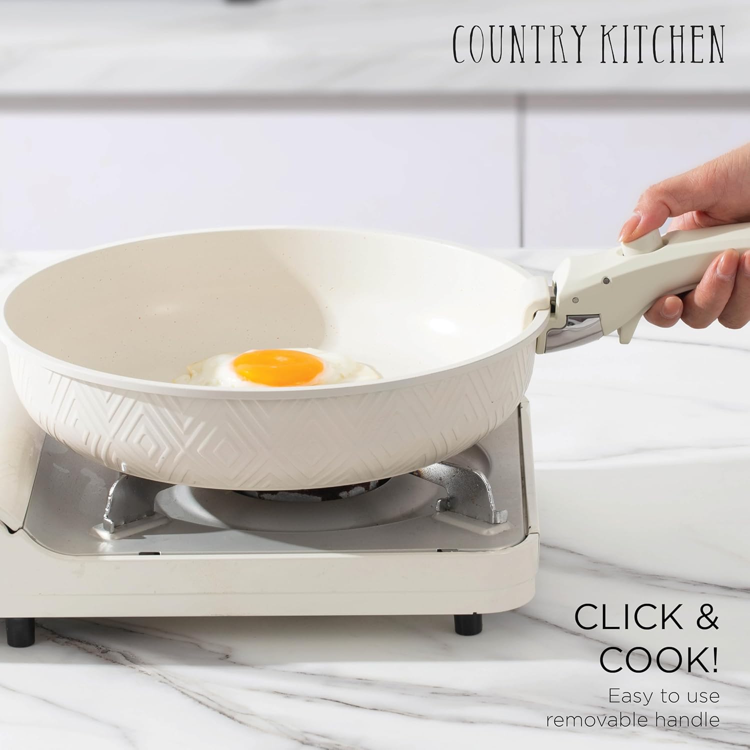 Country Kitchen Cookware Set with Removable Handle, Oven & RV Safe Pots and Pans Set, Cream Rhombus, Original-