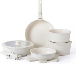 Country Kitchen Cookware Set with Removable Handle, Oven & RV Safe Pots and Pans Set, Cream Rhombus, Original