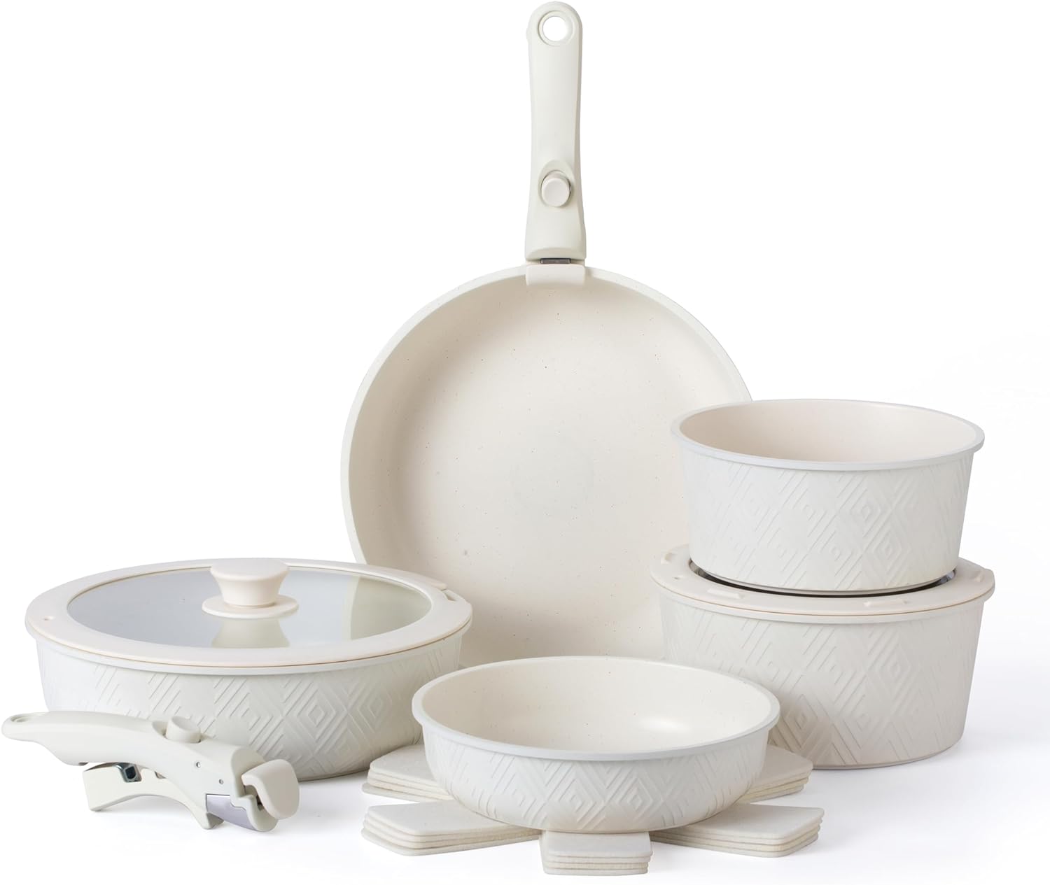 Country Kitchen Cookware Set with Removable Handle, Oven & RV Safe Pots and Pans Set, Cream Rhombus, Original Country Kitchen Cookware Set with Removable Handle, Oven & RV Safe Pots and Pans Set, Cream Rhombus, Original