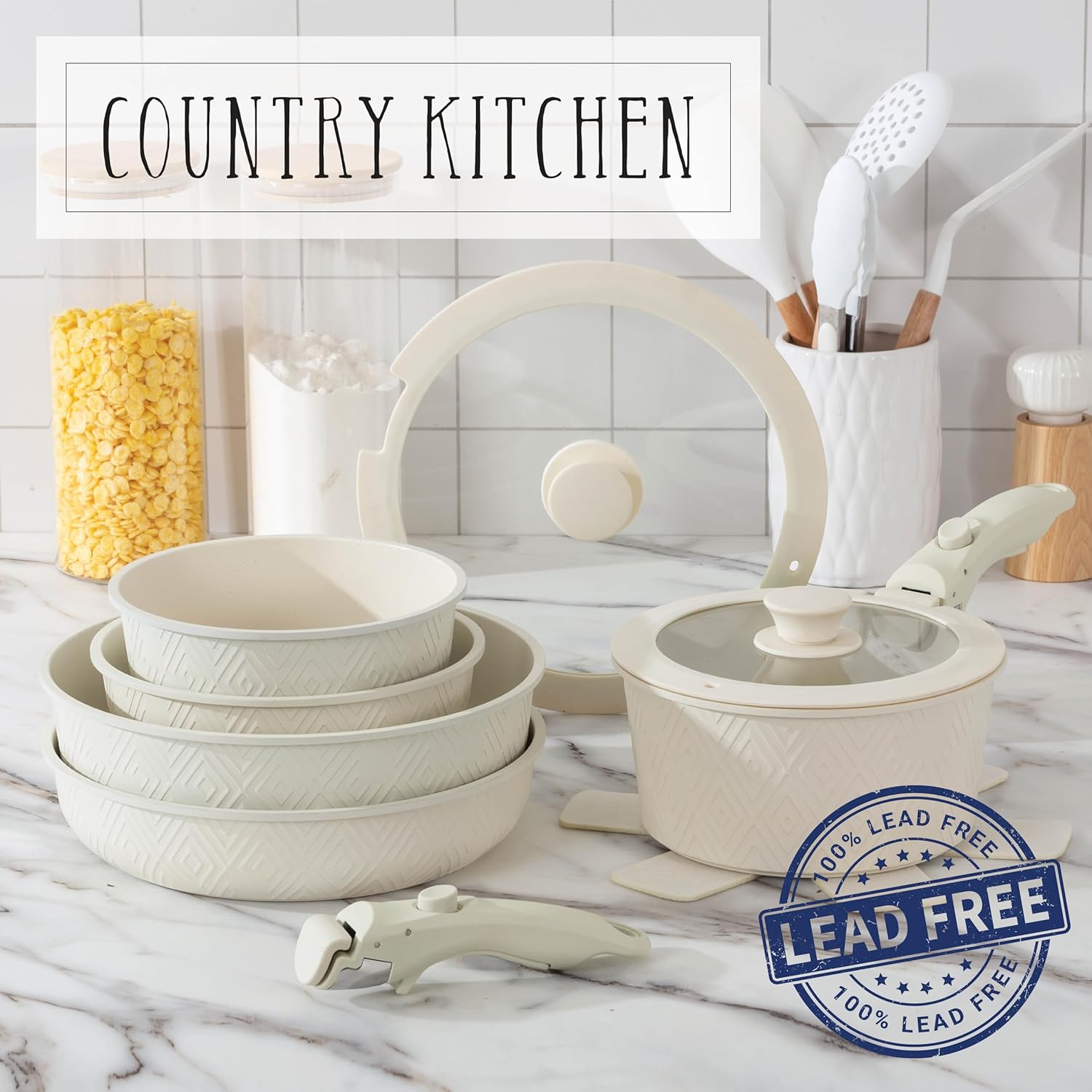 Country Kitchen Cookware Set with Removable Handle, Oven & RV Safe Pots and Pans Set, Cream Rhombus, Original1