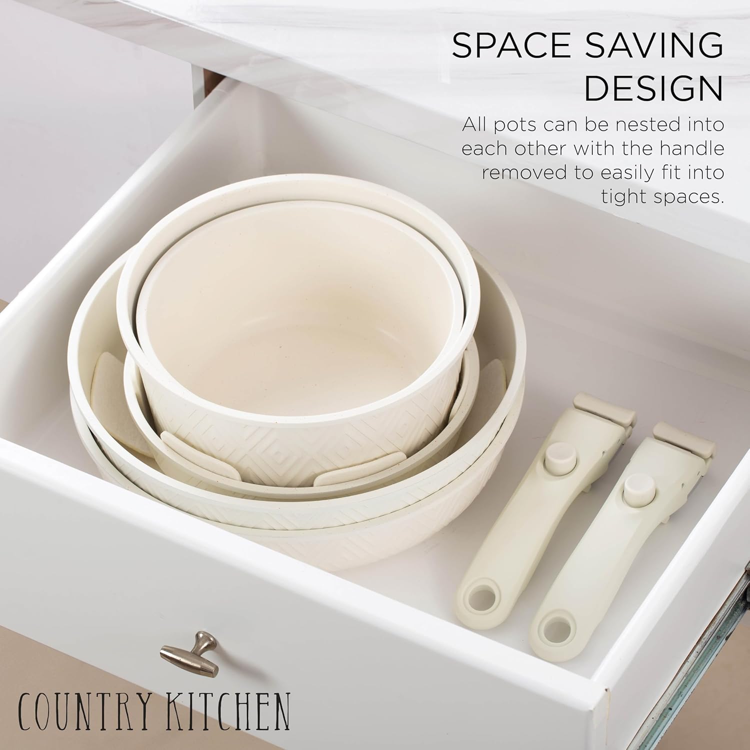 Country Kitchen Cookware Set with Removable Handle, Oven & RV Safe Pots and Pans Set, Cream Rhombus, Original2