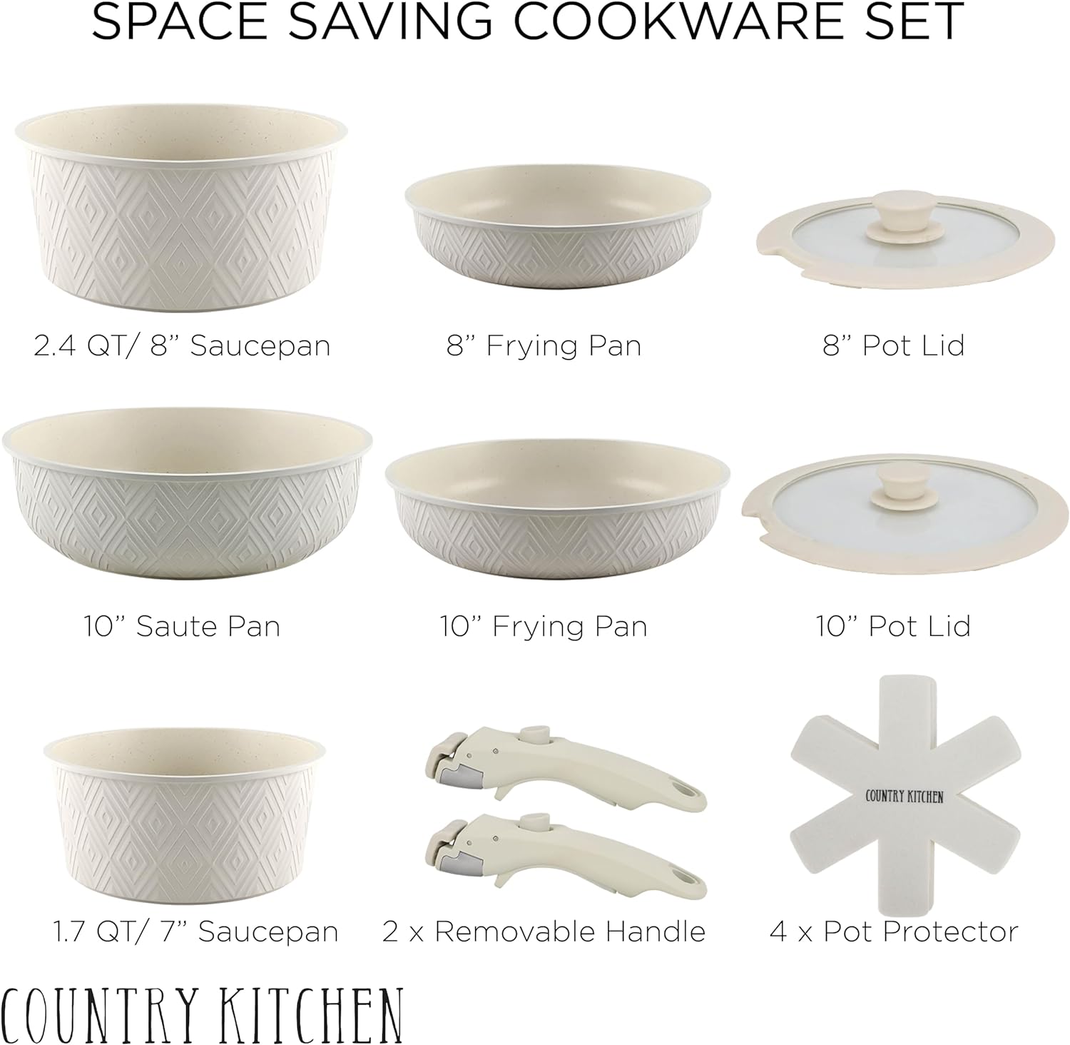 Country Kitchen Cookware Set with Removable Handle, Oven & RV Safe Pots and Pans Set, Cream Rhombus, Original6